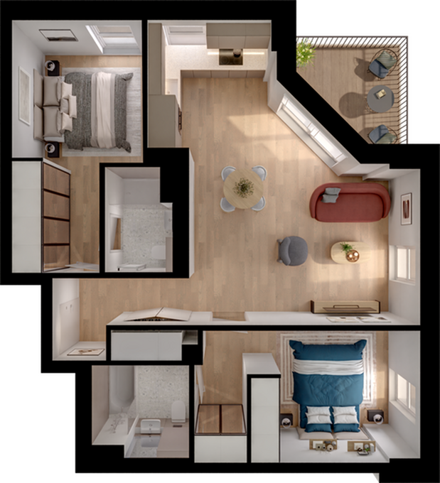 Modern floor plan featuring 2 bedrooms, open living and dining area, sleek kitchen, and cozy balcony.