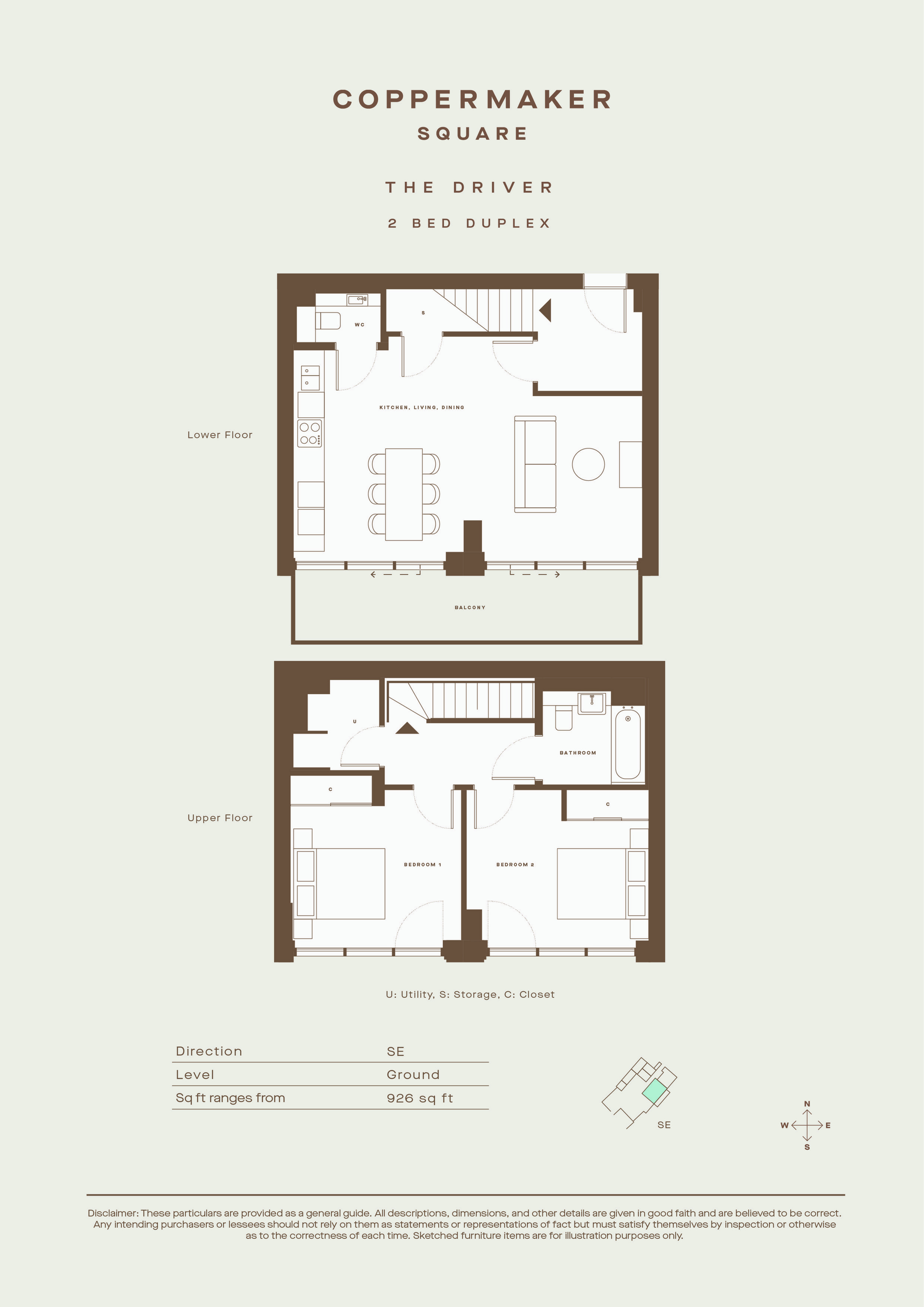 Elegant 2D floor plan of \'The Driver\' 2 bed duplex at Coppermaker Square, featuring open-concept kitchen, living, and dining area with balcony, two spacious bedrooms on the upper floor, and a stylish bathroom.
