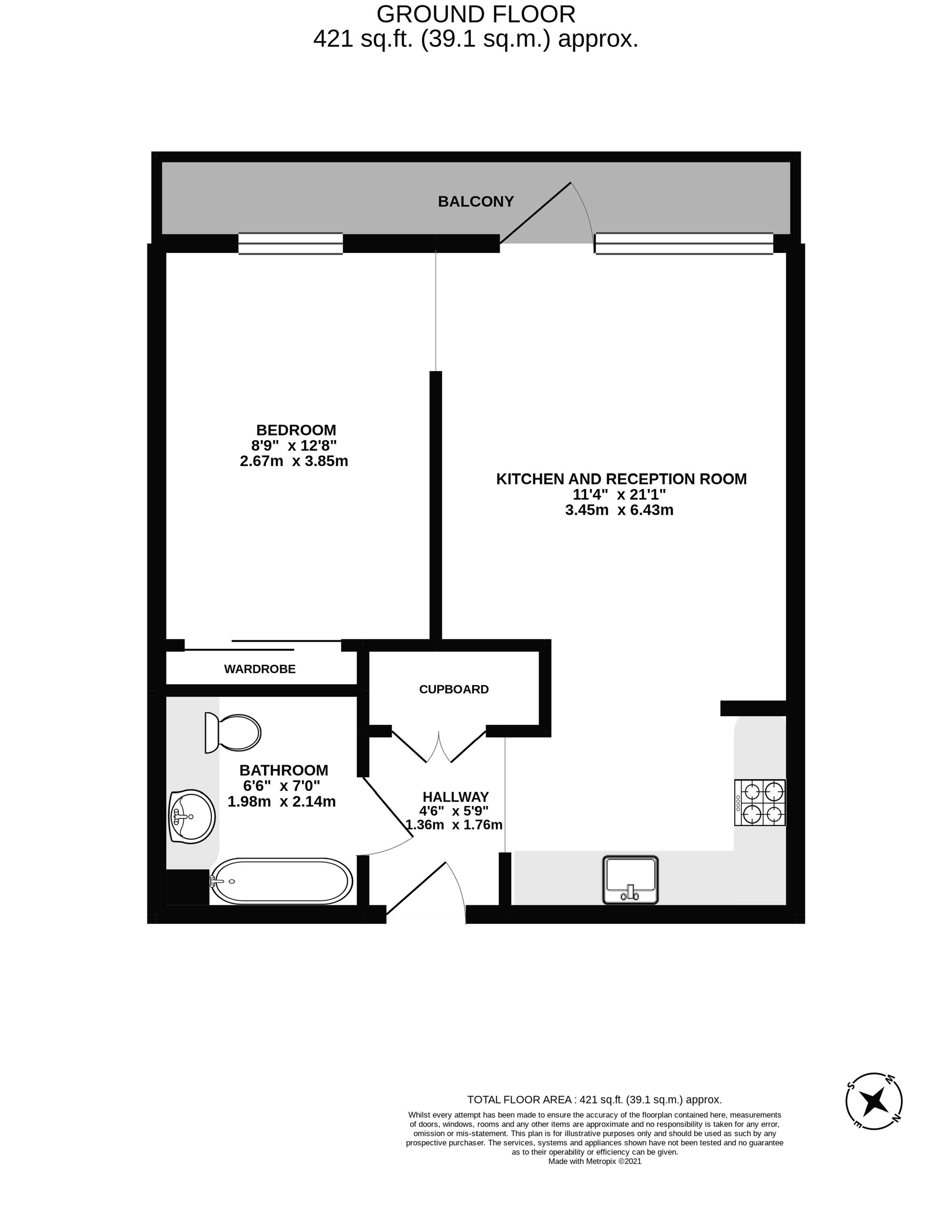 Modern floor plan showcasing a cozy one-bedroom apartment with a kitchen and reception room, a balcony, and a well-designed bathroom. Total area of 421 sq.ft. for efficient living.