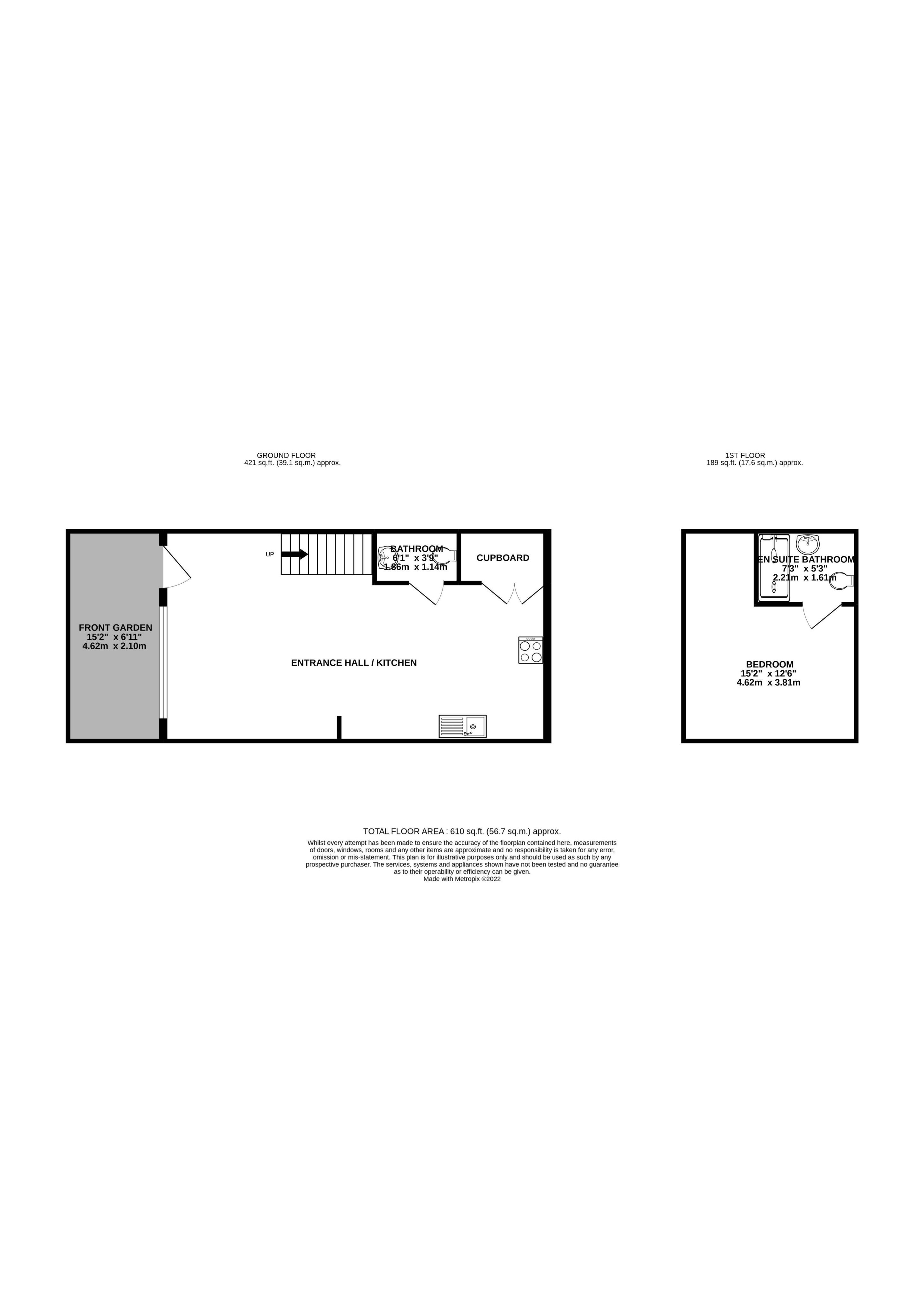 Inviting 2-level floor plan featuring a spacious entrance hall with kitchen, a cozy front garden, and a private upper level bedroom with en suite bathroom.
