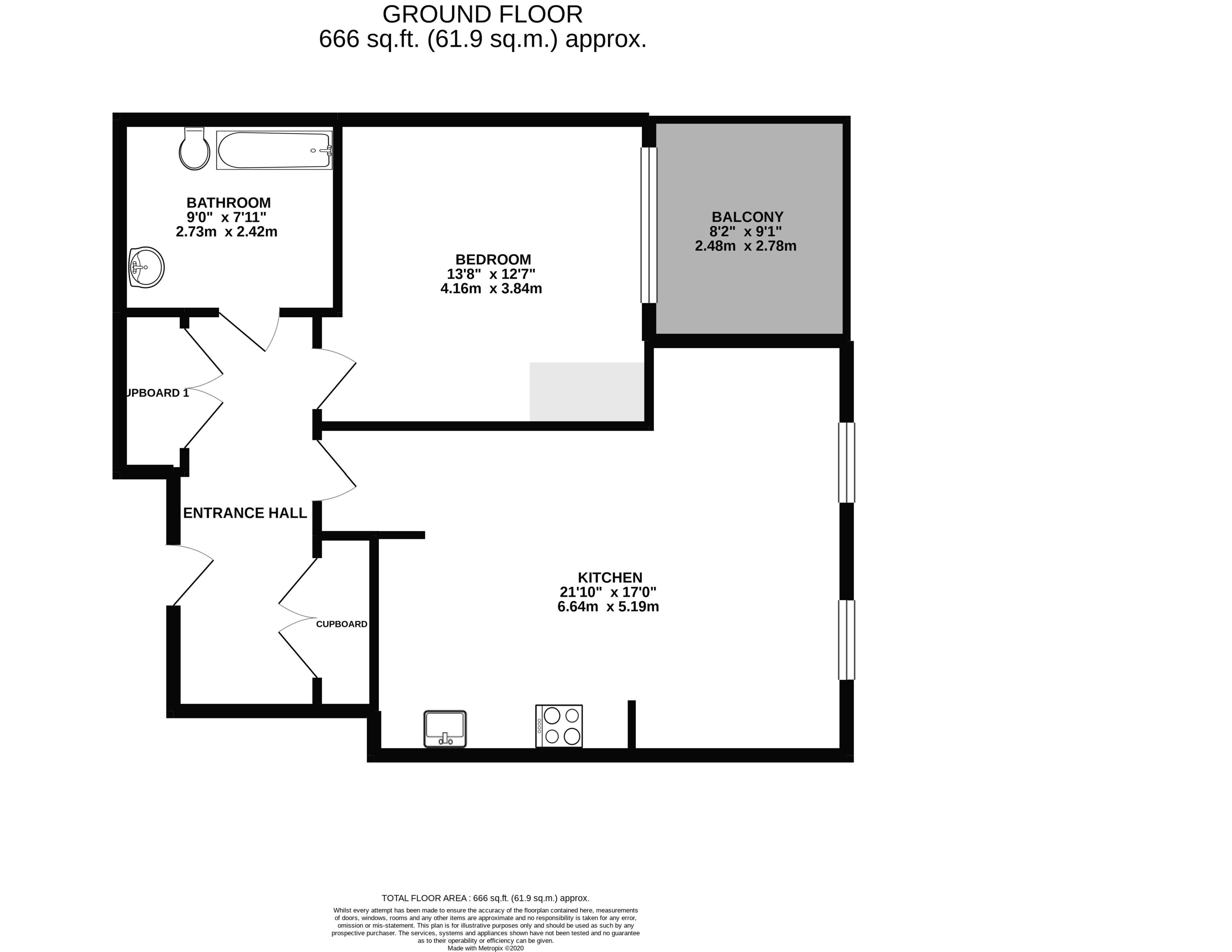 Modern ground floor layout featuring a spacious kitchen, cozy bedroom, and inviting balcony, covering 666 sq. ft.