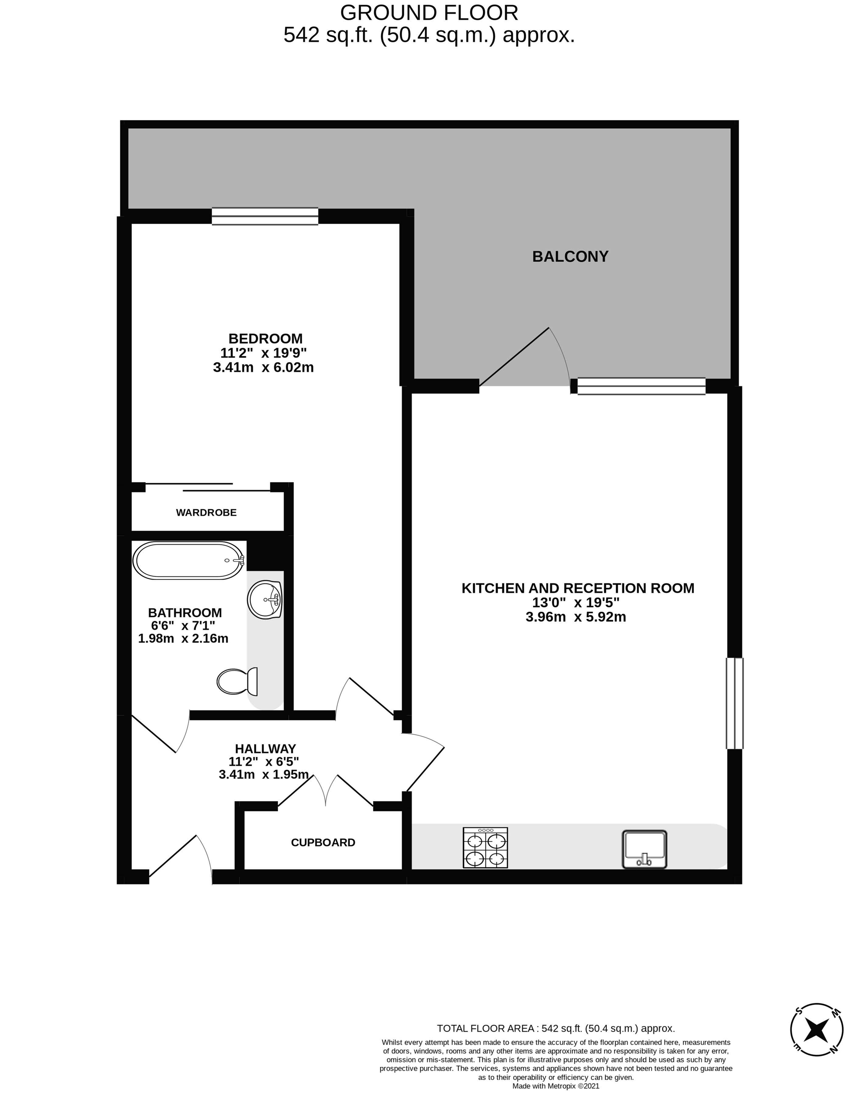 Modern ground floor layout with 1 bedroom, spacious kitchen and reception room, bathroom, and a private balcony, totaling 542 sq.ft.