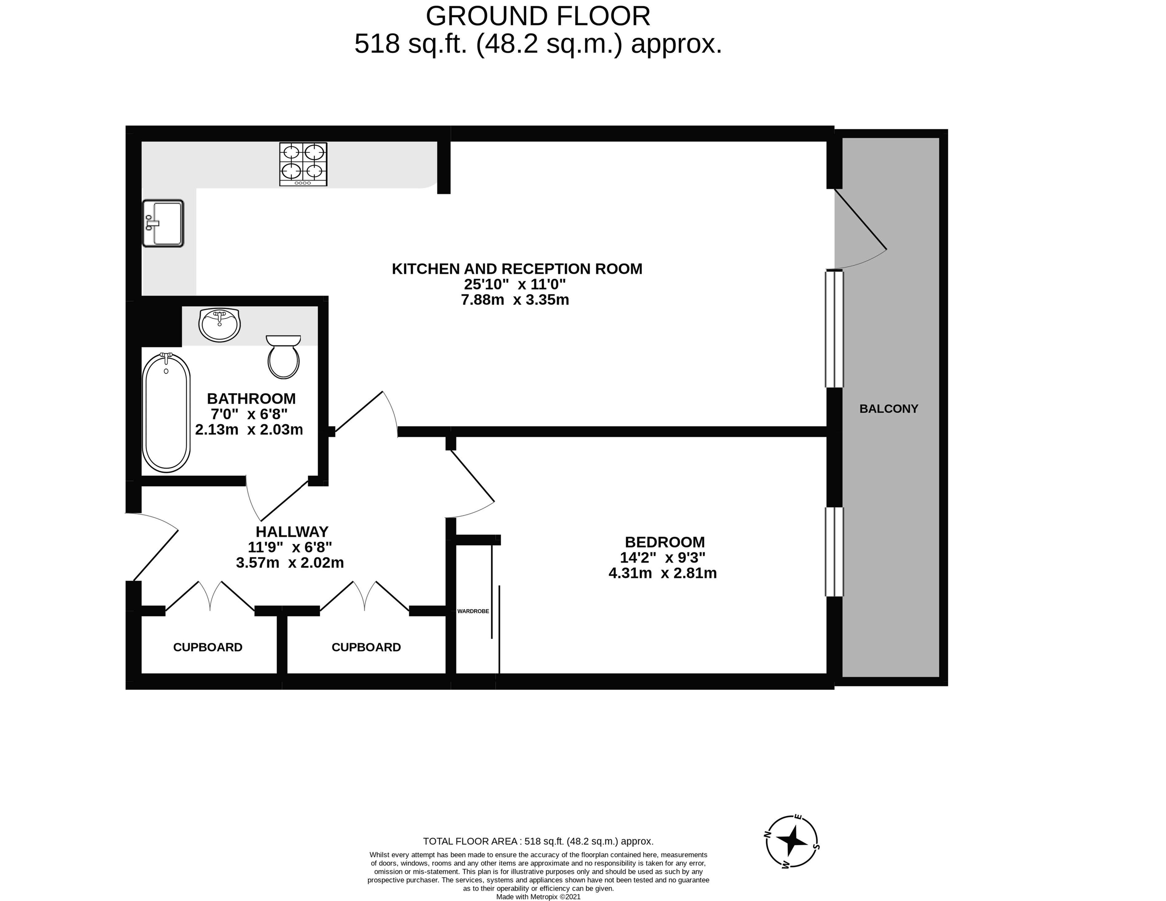 Elegant floor plan displaying a ground floor layout with 518 sq.ft., featuring a spacious kitchen and reception room, cozy bedroom, modern bathroom, and a lovely balcony.