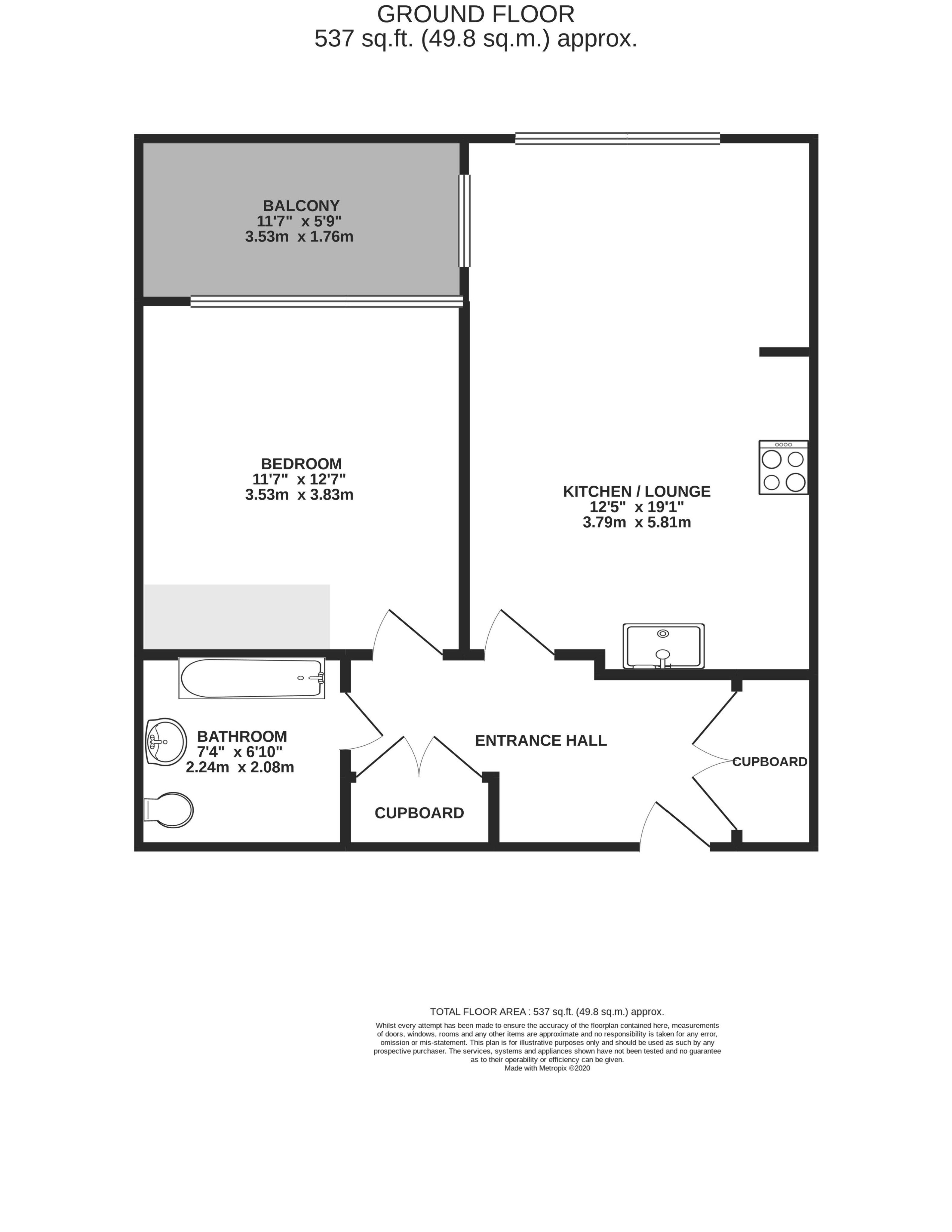 Compact and efficient floor plan for a one-bedroom apartment featuring a spacious kitchen/lounge, large balcony, and convenient entrance hall, covering 537 sq. ft.