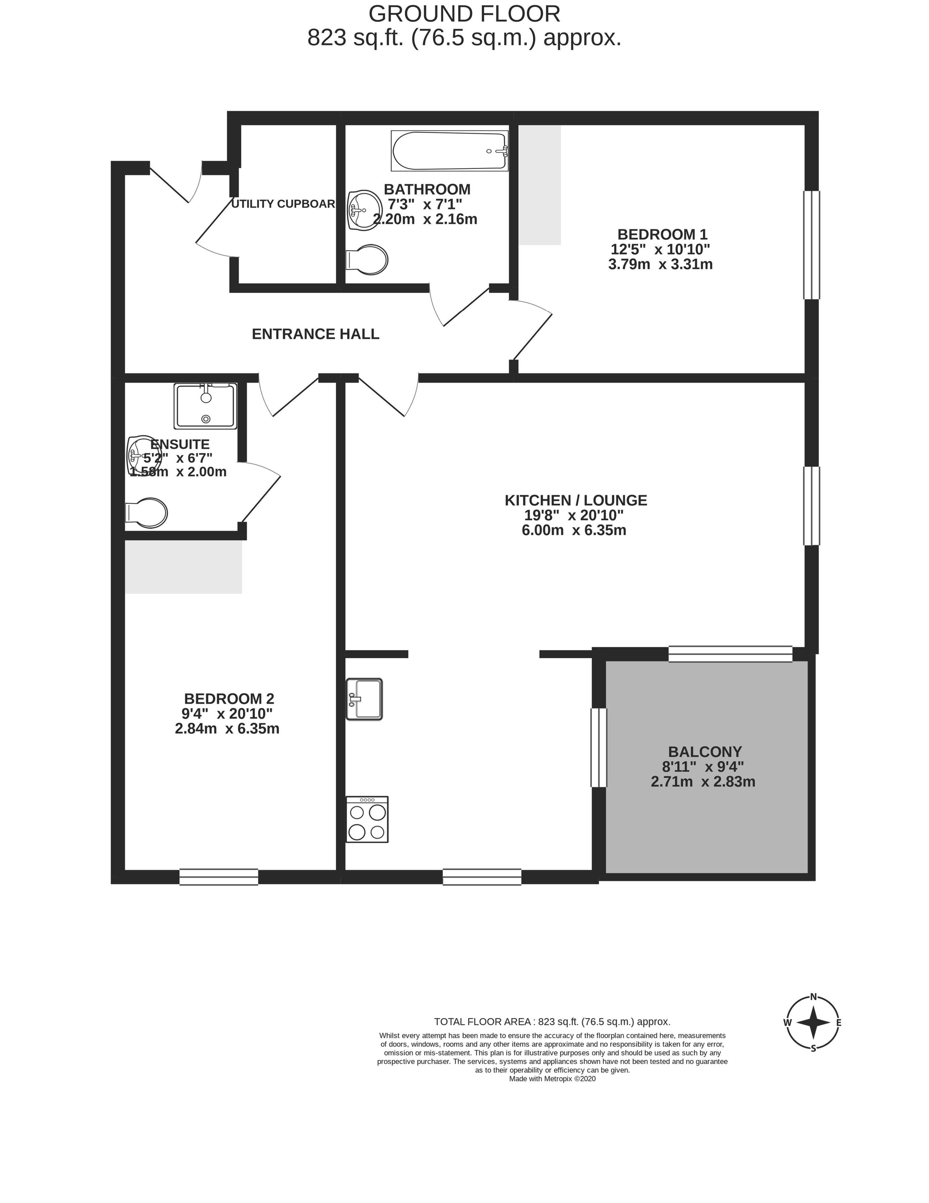 Modern ground floor apartment floor plan, 823 sq ft, featuring two spacious bedrooms, open-plan kitchen/lounge, ensuite, bathroom, utility cupboard, and a private balcony.