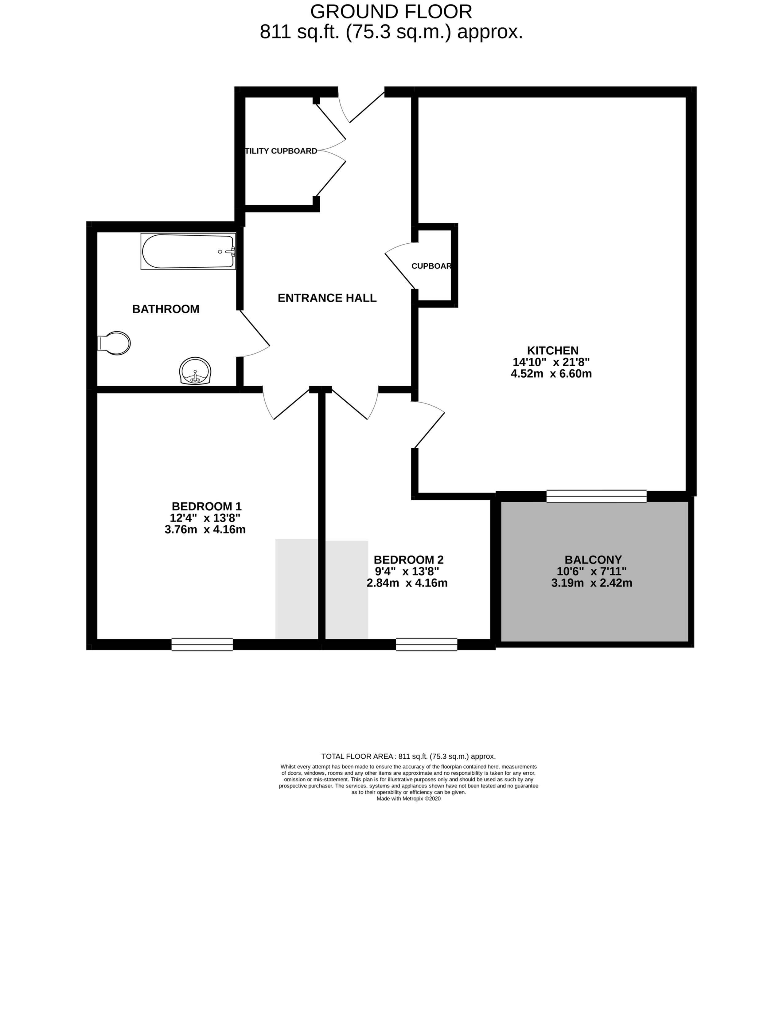 Modern ground floor plan showcasing 2 spacious bedrooms, open kitchen, and a charming balcony, totaling 811 sq. ft.