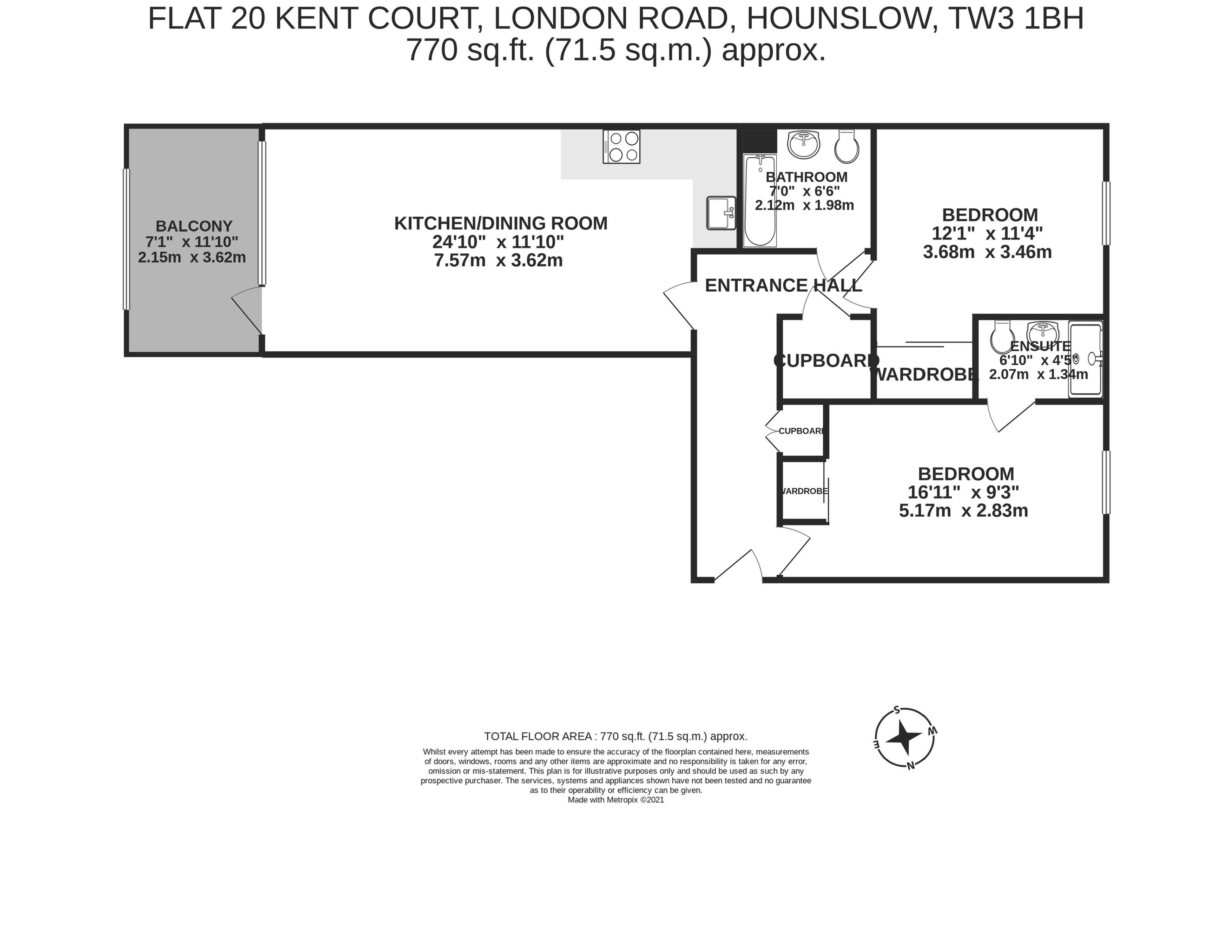 Modern floor plan of Flat 20, Kent Court, featuring 2 spacious bedrooms with wardrobes, kitchen/dining area, balcony, and ensuite bathroom, covering 770 sq.ft in Hounslow.