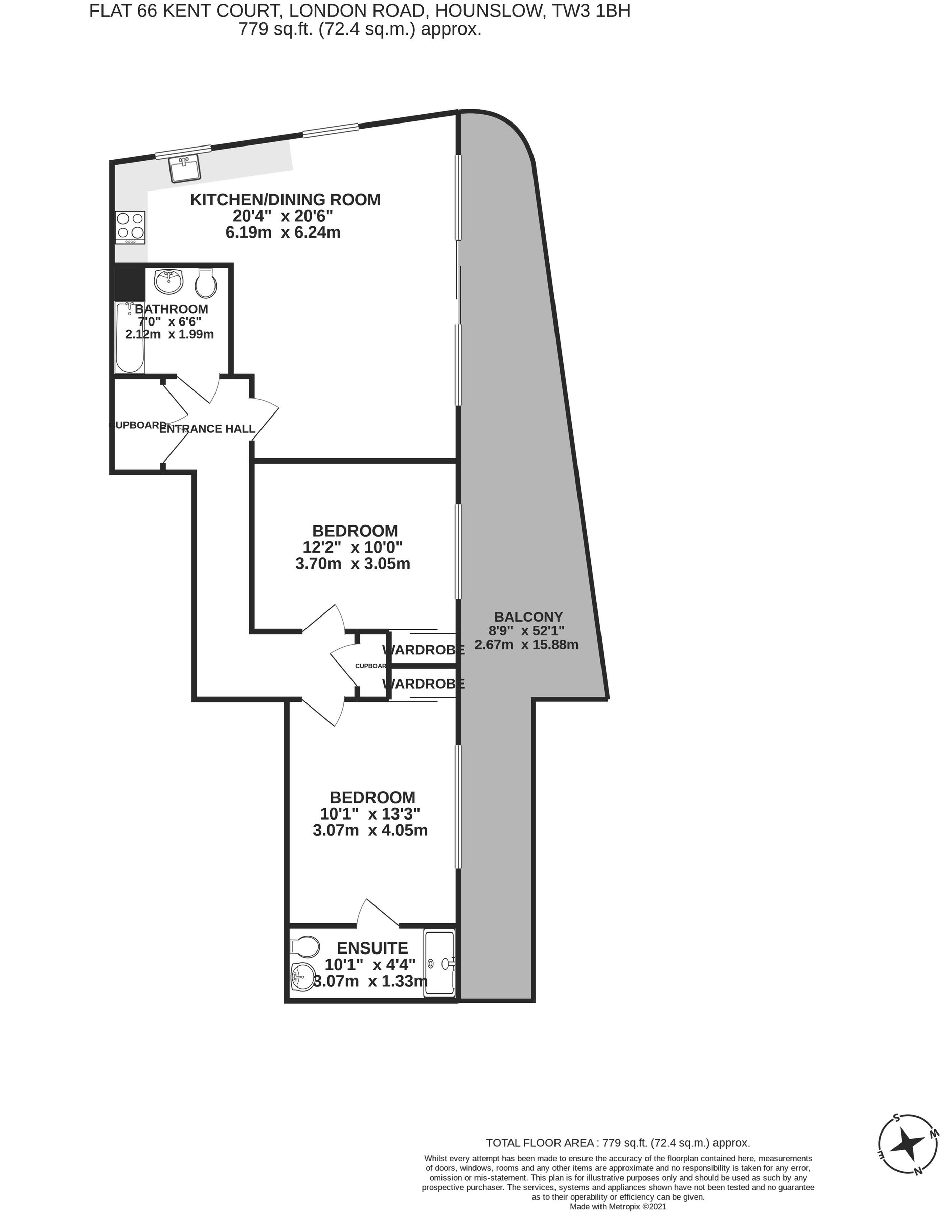 Inviting floor plan of a modern London apartment featuring 2 spacious bedrooms, a bright kitchen/dining room, and a relaxing balcony; total area of 779 sq.ft.