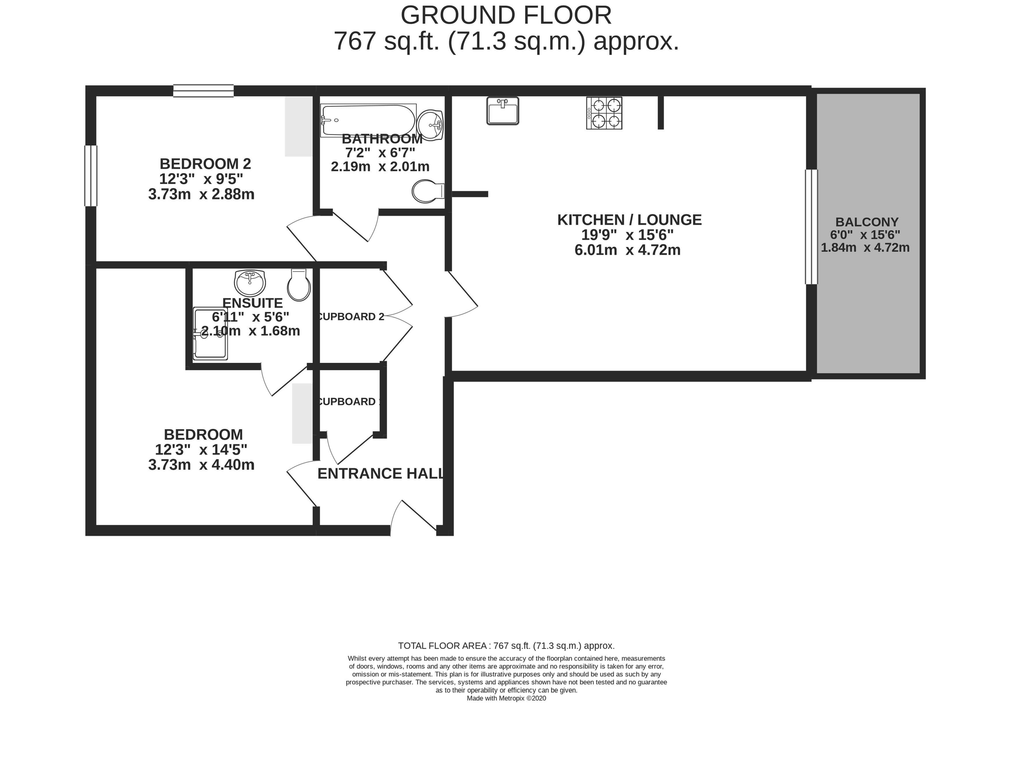 Modern floor plan featuring 2 spacious bedrooms, open kitchen/lounge area, balcony, and an ensuite bathroom within 767 sq. ft.