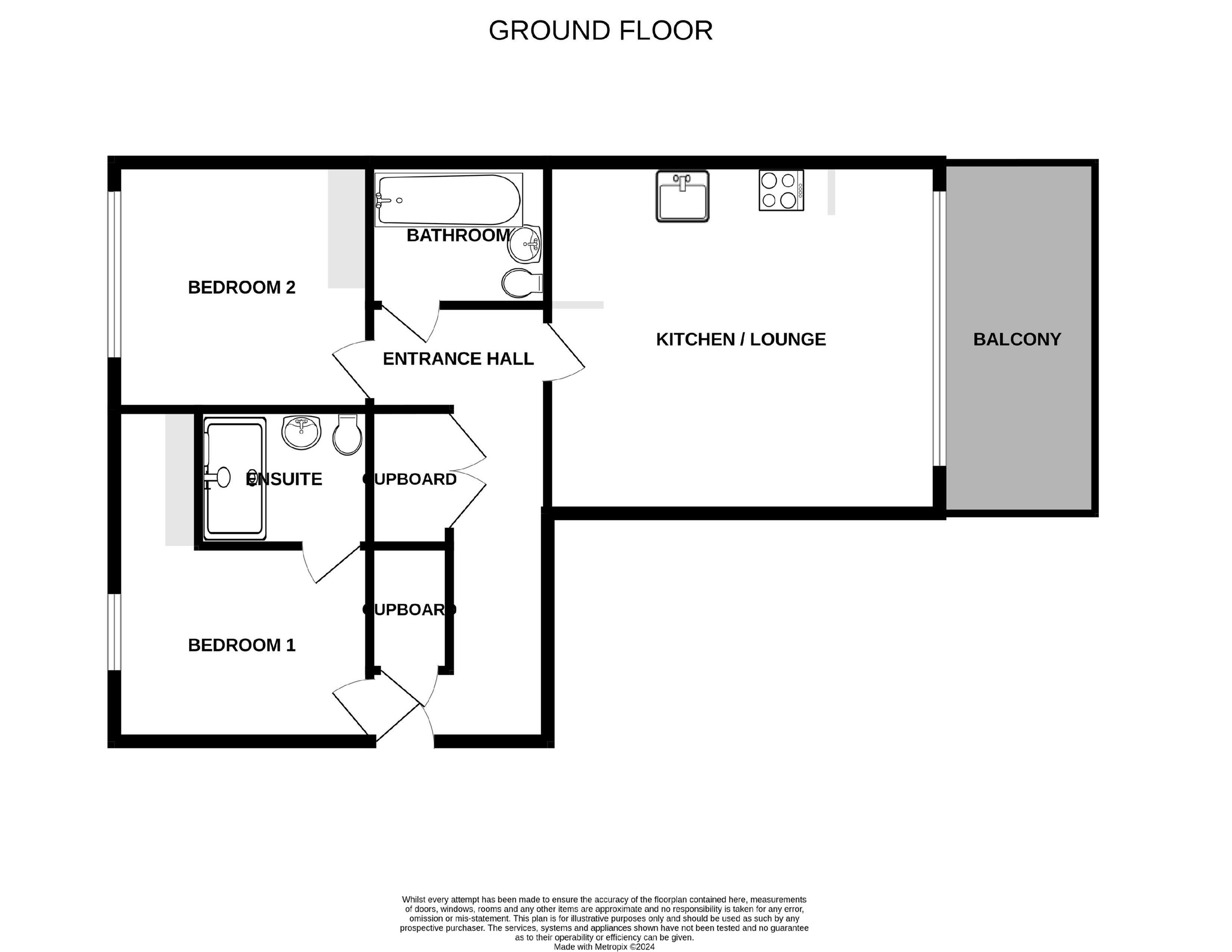 Elegant ground floor plan showcasing 2 bedrooms with ensuite, modern kitchen/lounge, and a spacious balcony.