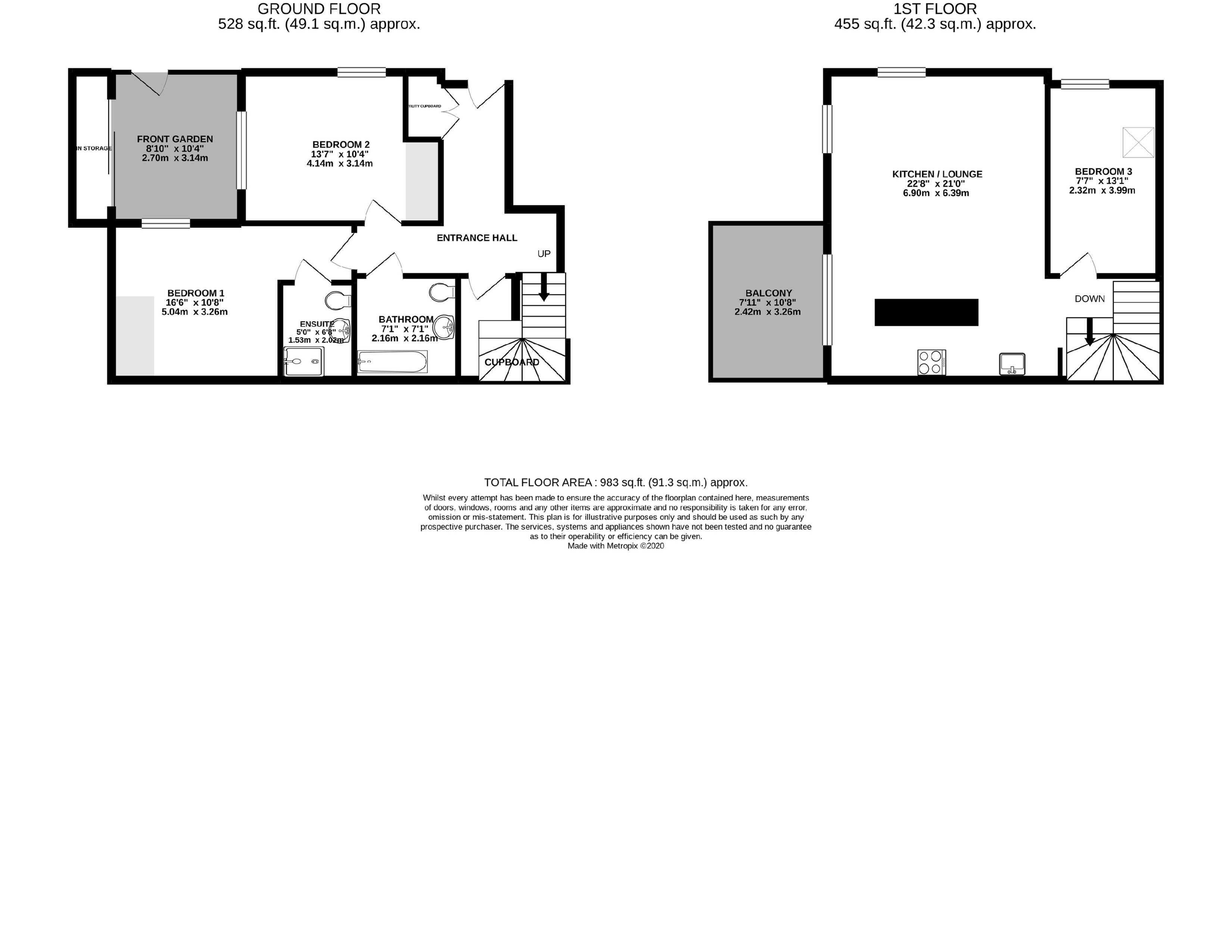 Elegant floor plan showcasing a spacious 3-bedroom house with a modern kitchen/lounge, inviting front garden, and a charming balcony.