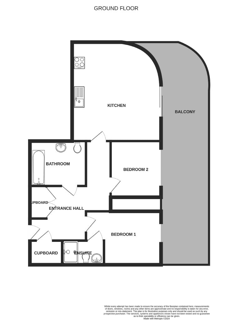 Chic ground floor plan featuring 2 bedrooms, spacious kitchen, and a large balcony.