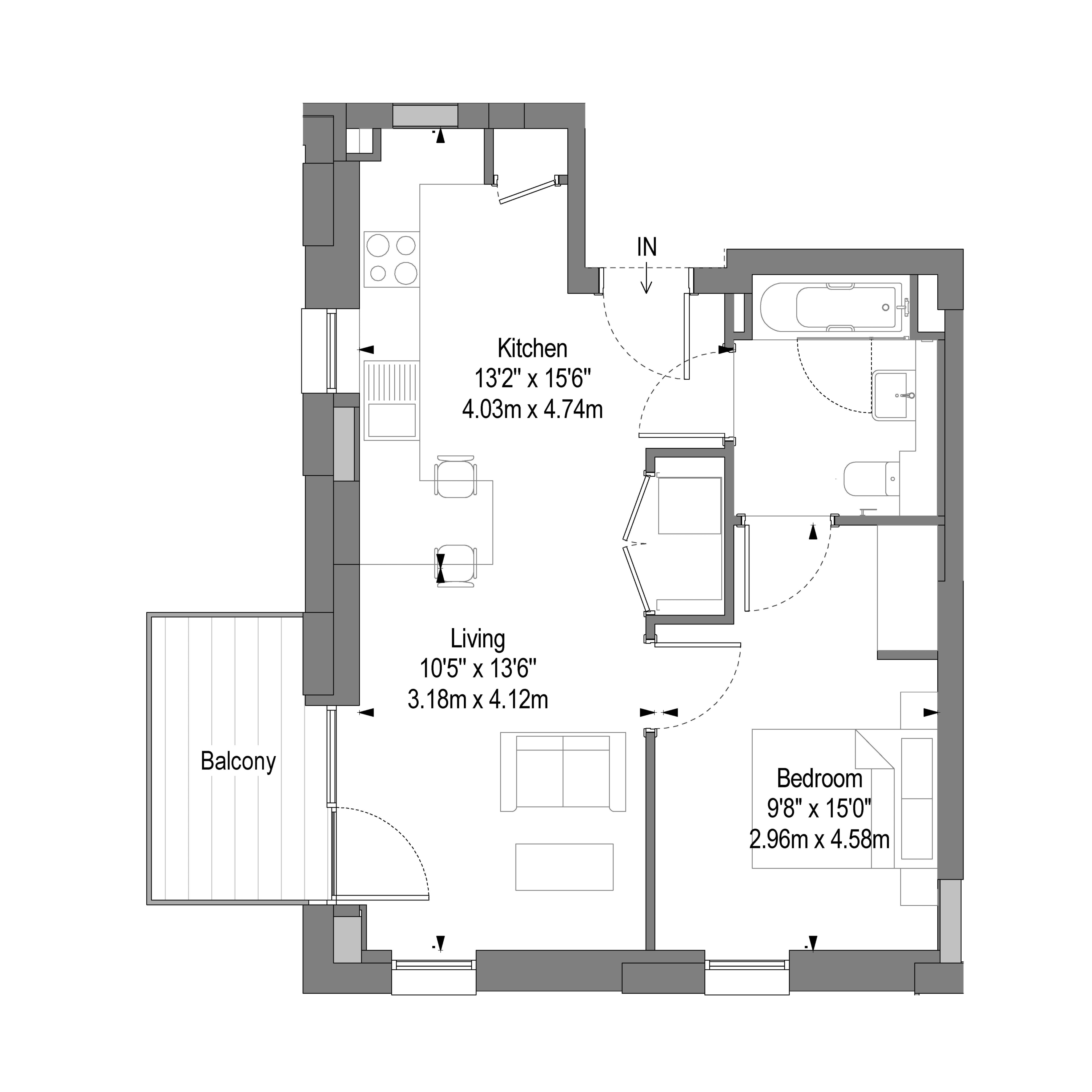 Chic apartment floor plan featuring 1 bedroom, a spacious living room, modern kitchen, and inviting balcony.