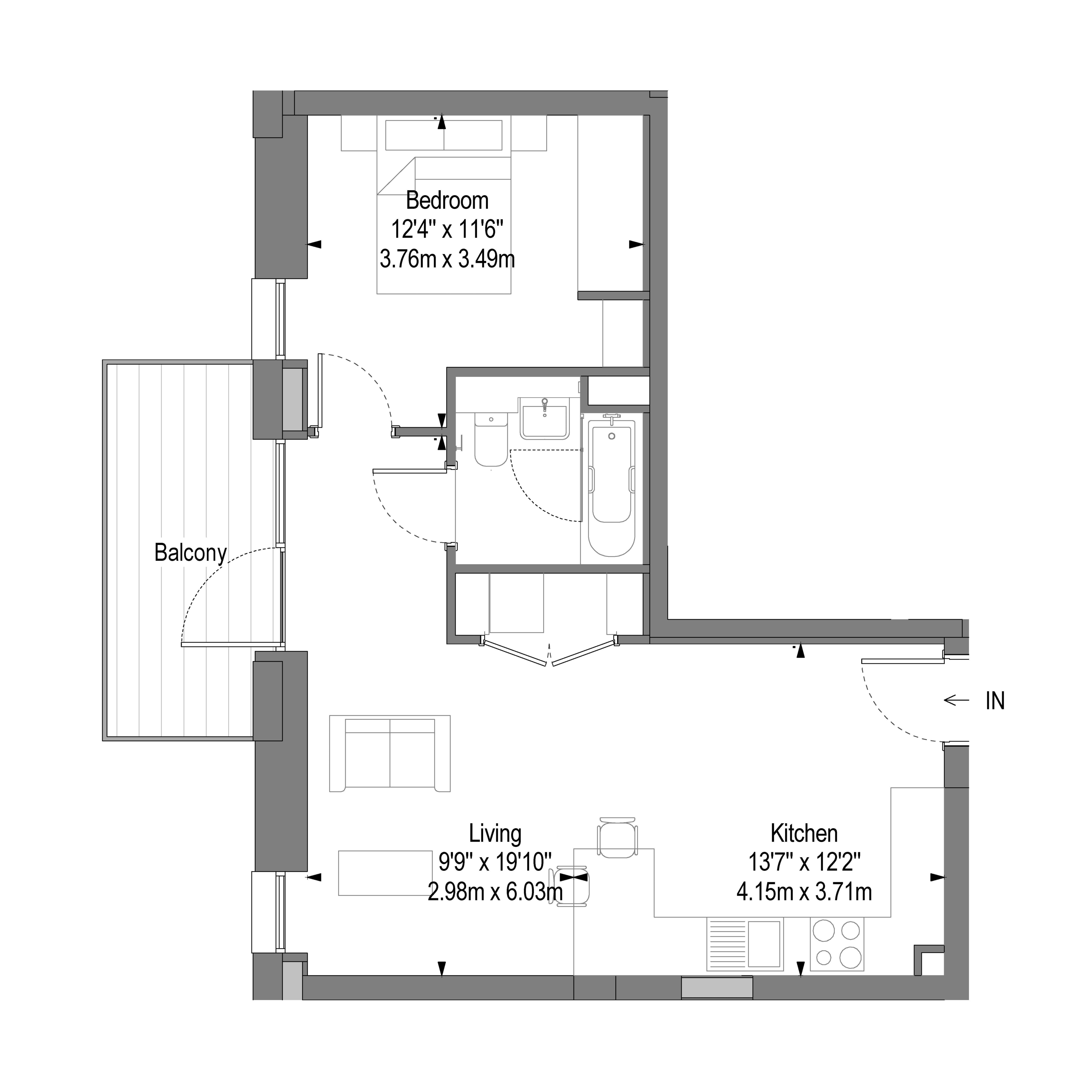 Chic floor plan featuring a spacious bedroom, open living area, modern kitchen, and a cozy balcony.