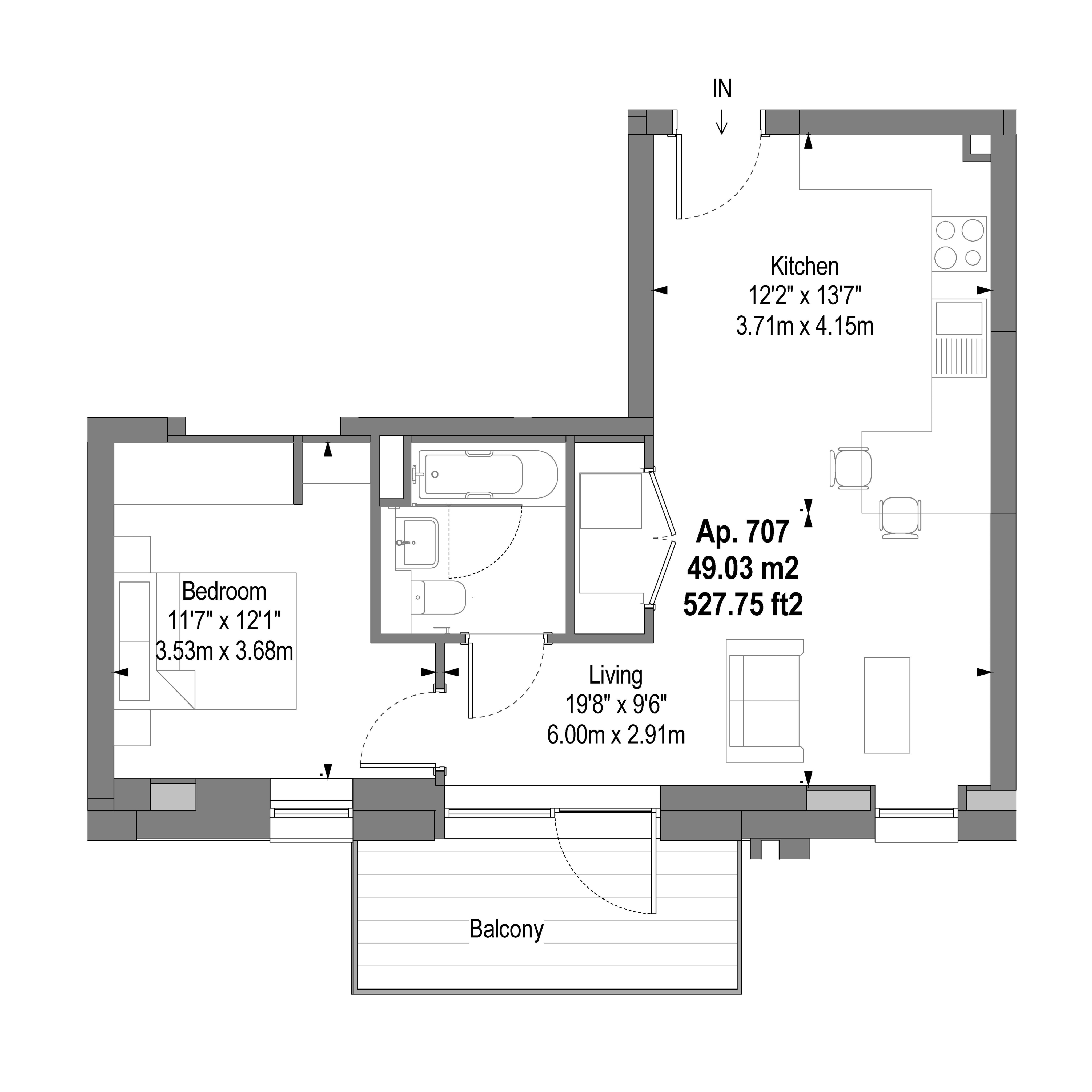 Modern apartment floor plan for Ap. 707 featuring one spacious bedroom, a sleek kitchen, cozy living area, and a charming balcony, totaling 527.75 sq ft.