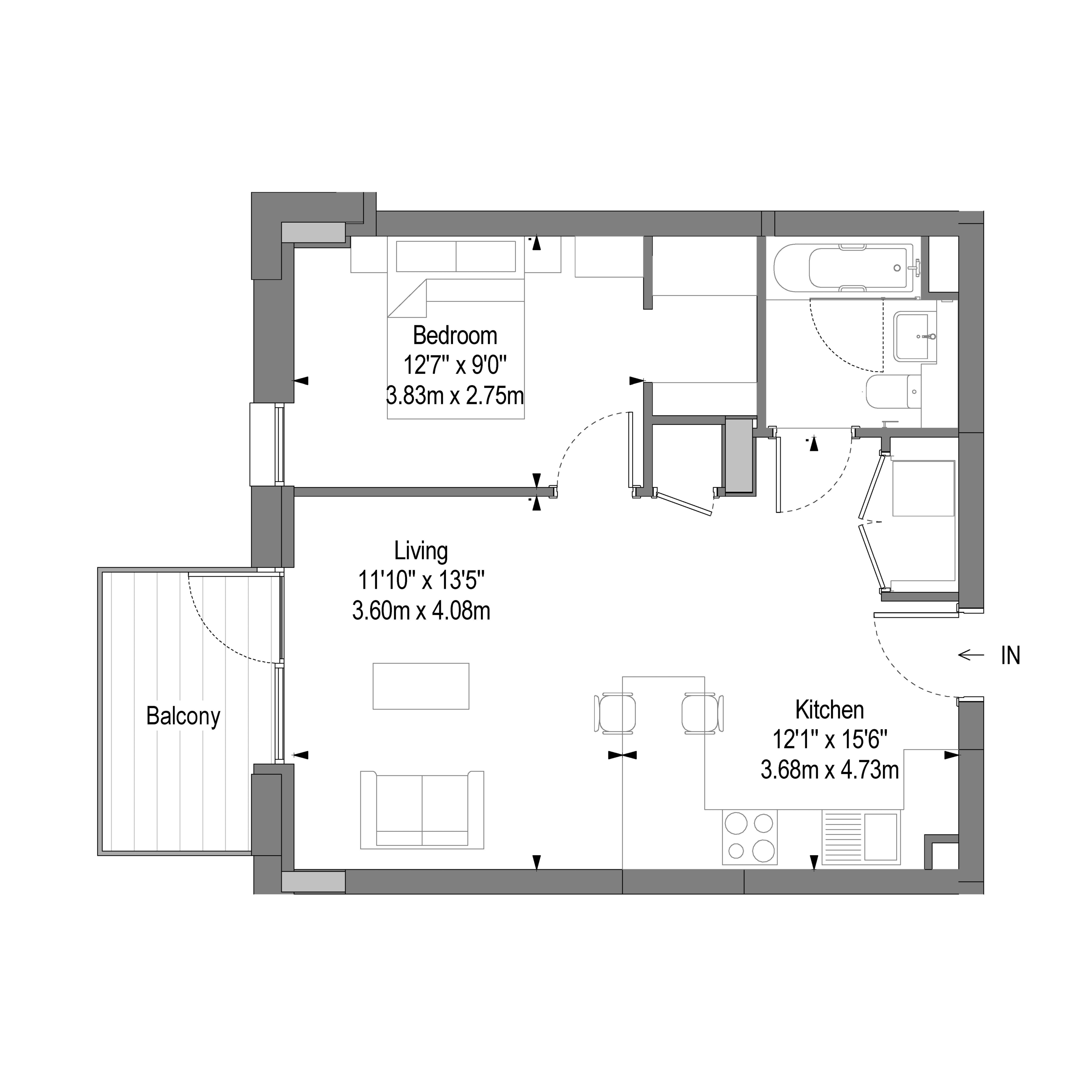 Chic floor plan featuring a cozy bedroom, modern kitchen, spacious living area, and inviting balcony.