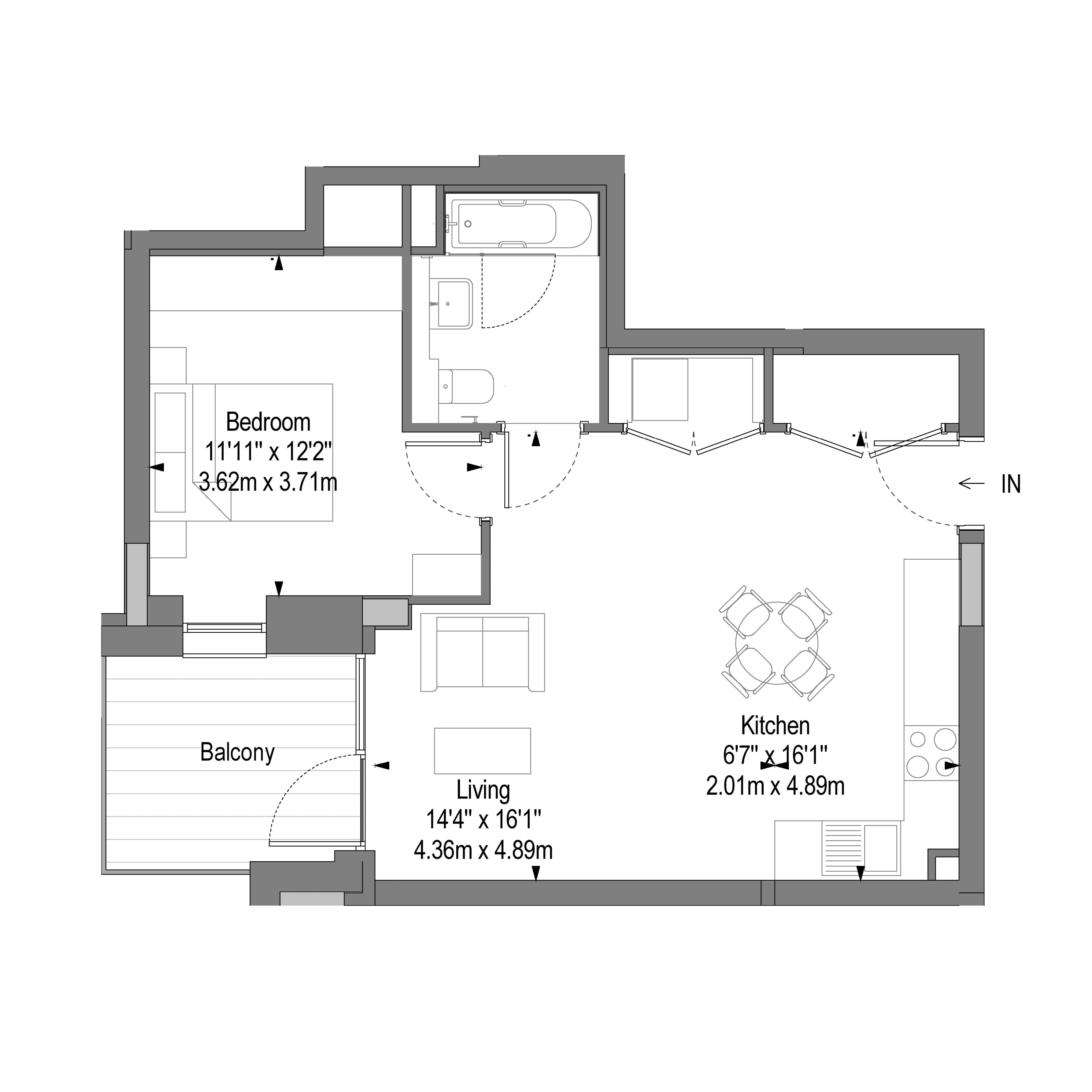Modern floor plan showcasing a one-bedroom apartment with spacious living area, stylish kitchen, elegant bathroom, and private balcony.