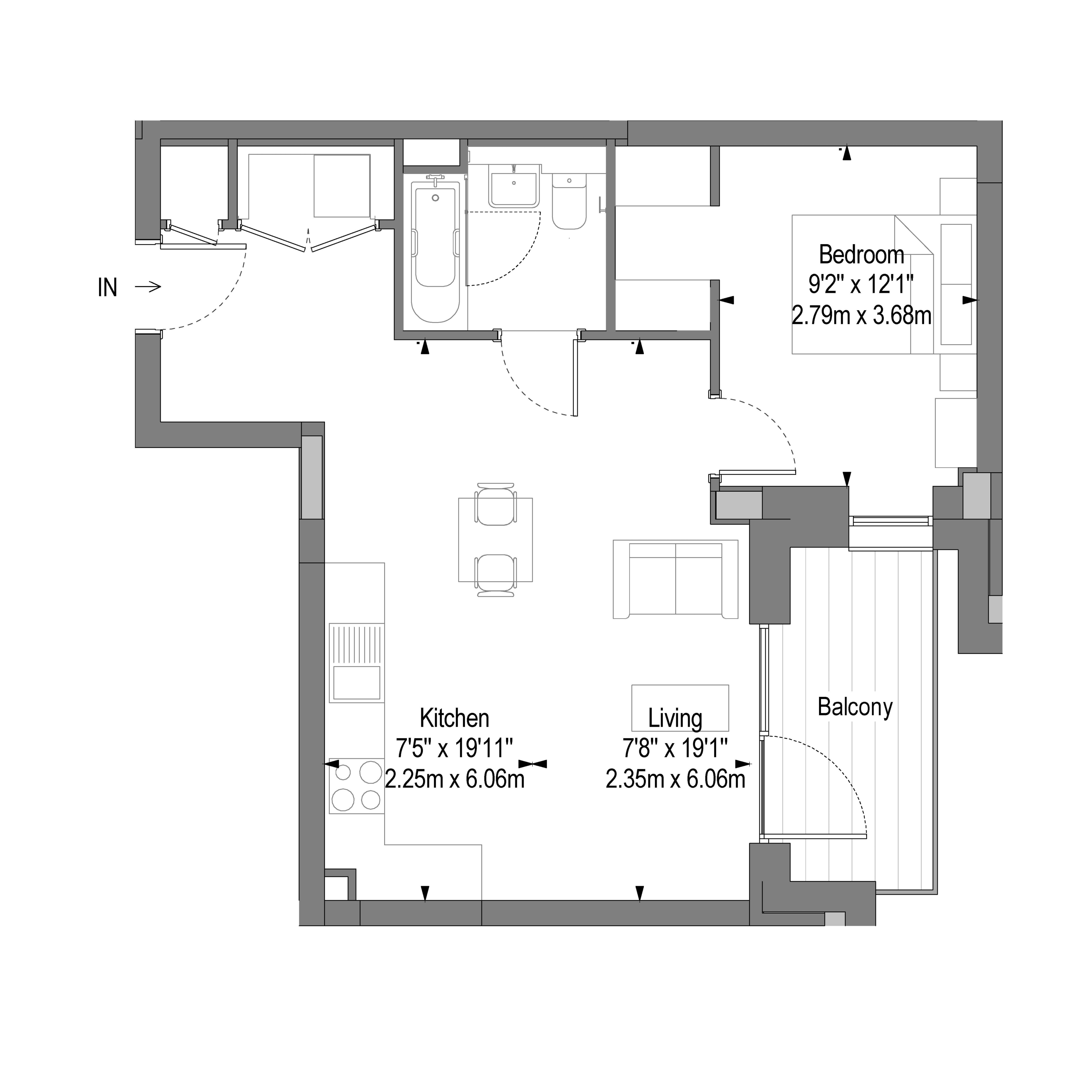 Modern floor plan with 1 bedroom, open kitchen, cozy living area, and a private balcony.