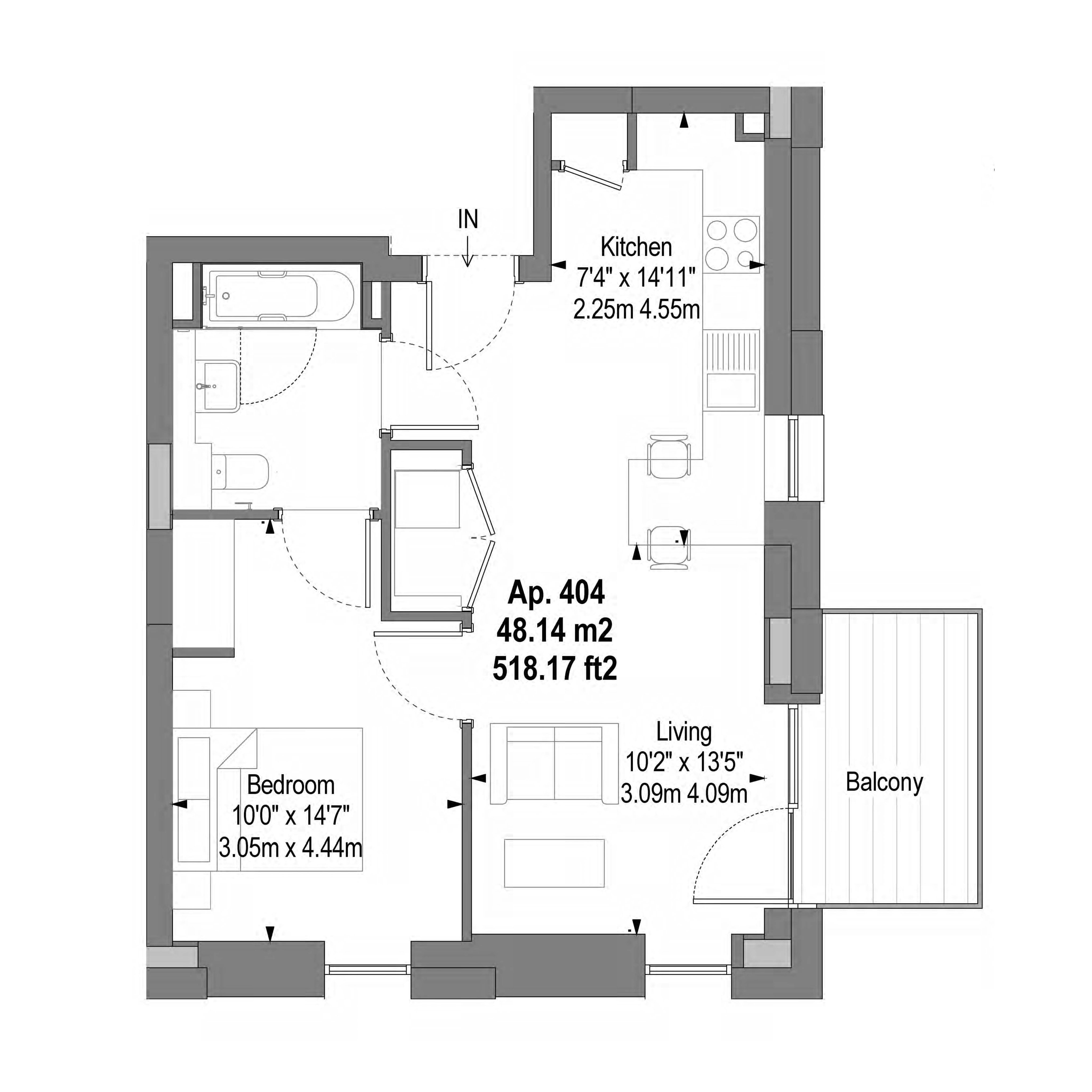 Chic floor plan of Apartment 404 showcasing a spacious layout with 1 bedroom, open living area, modern kitchen, and private balcony, totaling 518 sq ft.