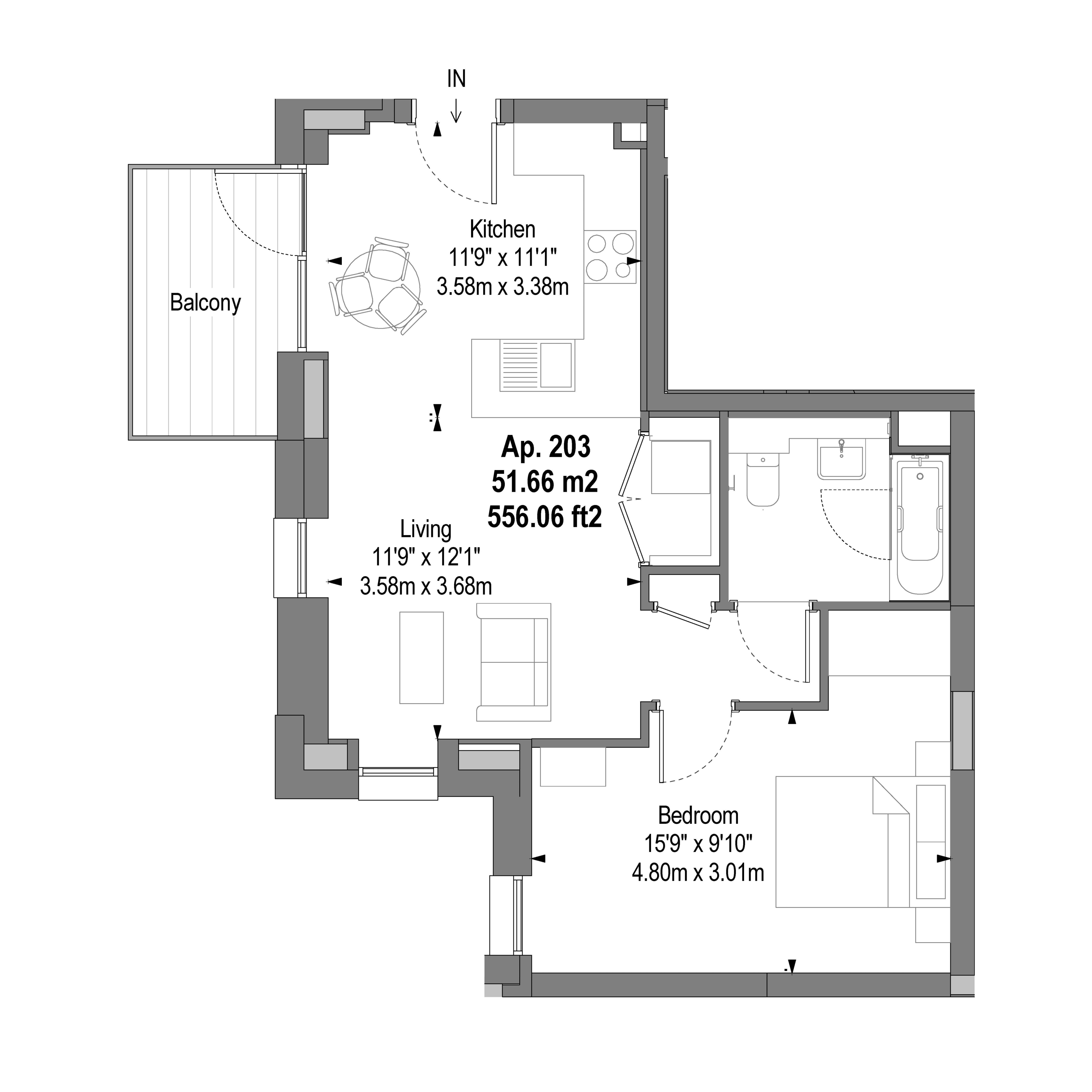 Chic apartment floor plan showcasing 1 bedroom, open living space, a modern kitchen, cozy balcony, and spacious bath, totaling 556 sq ft.