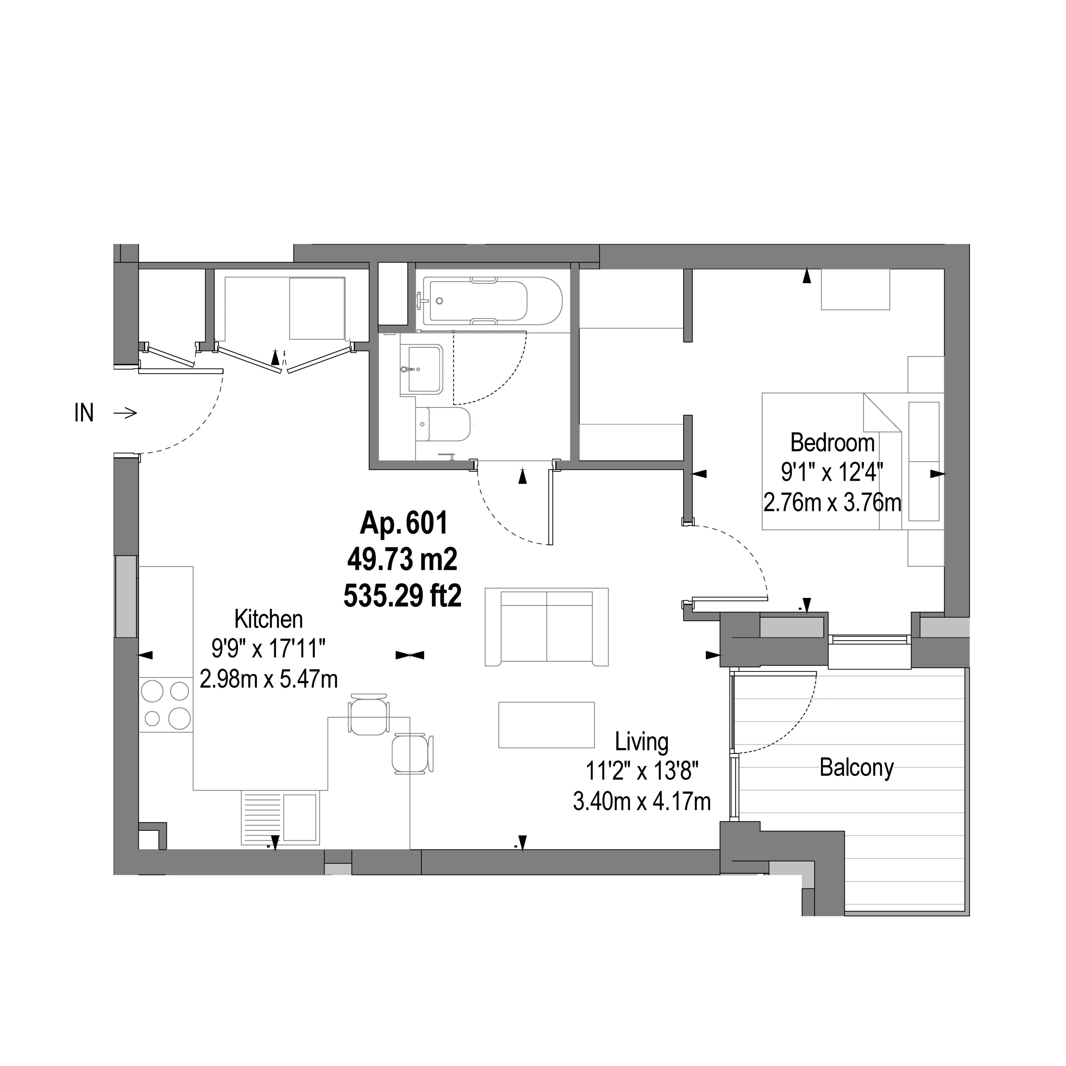 Modern floor plan showcasing a spacious 1-bedroom apartment with open kitchen and living area, complete with a private balcony, totaling 535.29 sq ft.