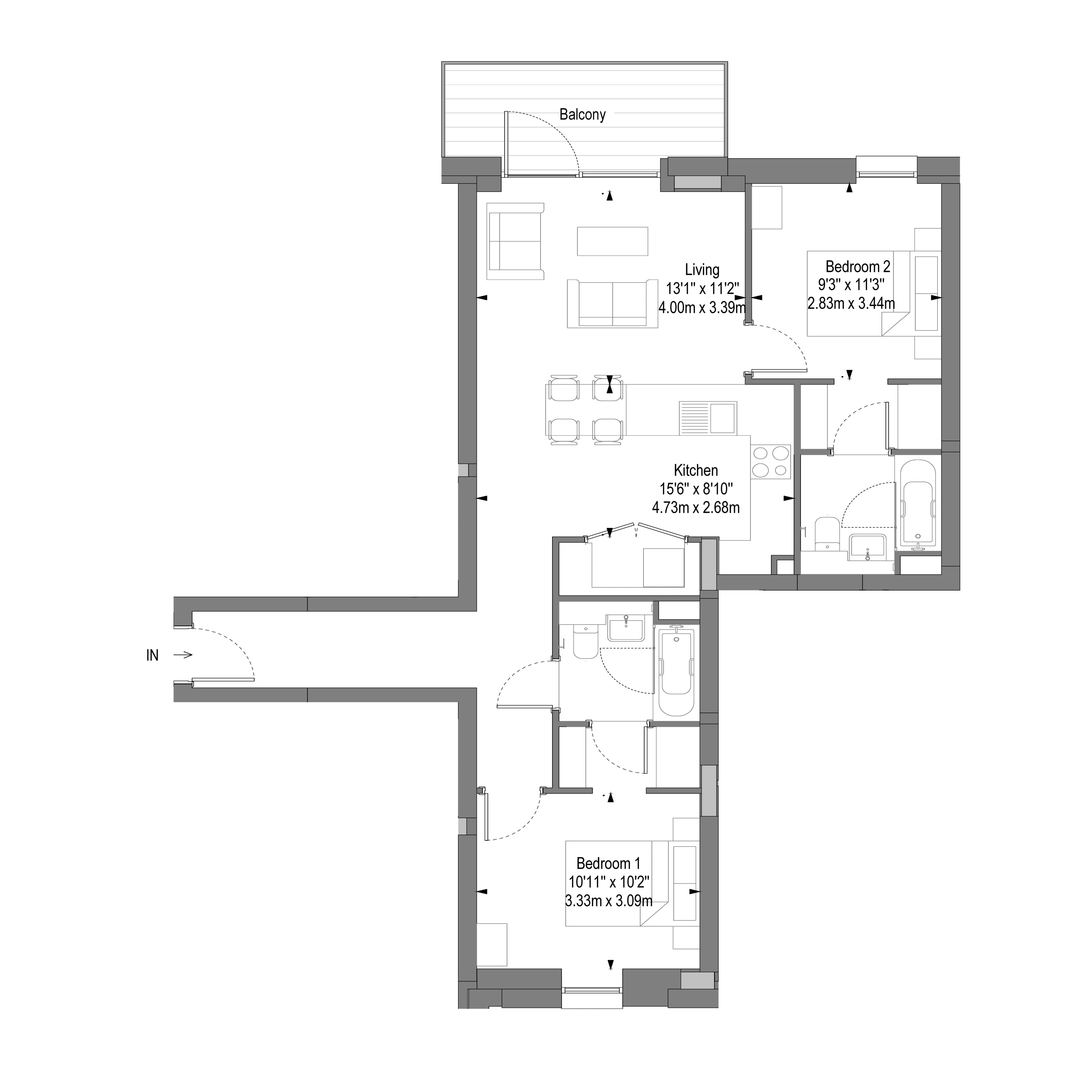 Modern floor plan showcasing 2 bedrooms, open living area, spacious kitchen, and balcony. Ideal layout for comfortable living.