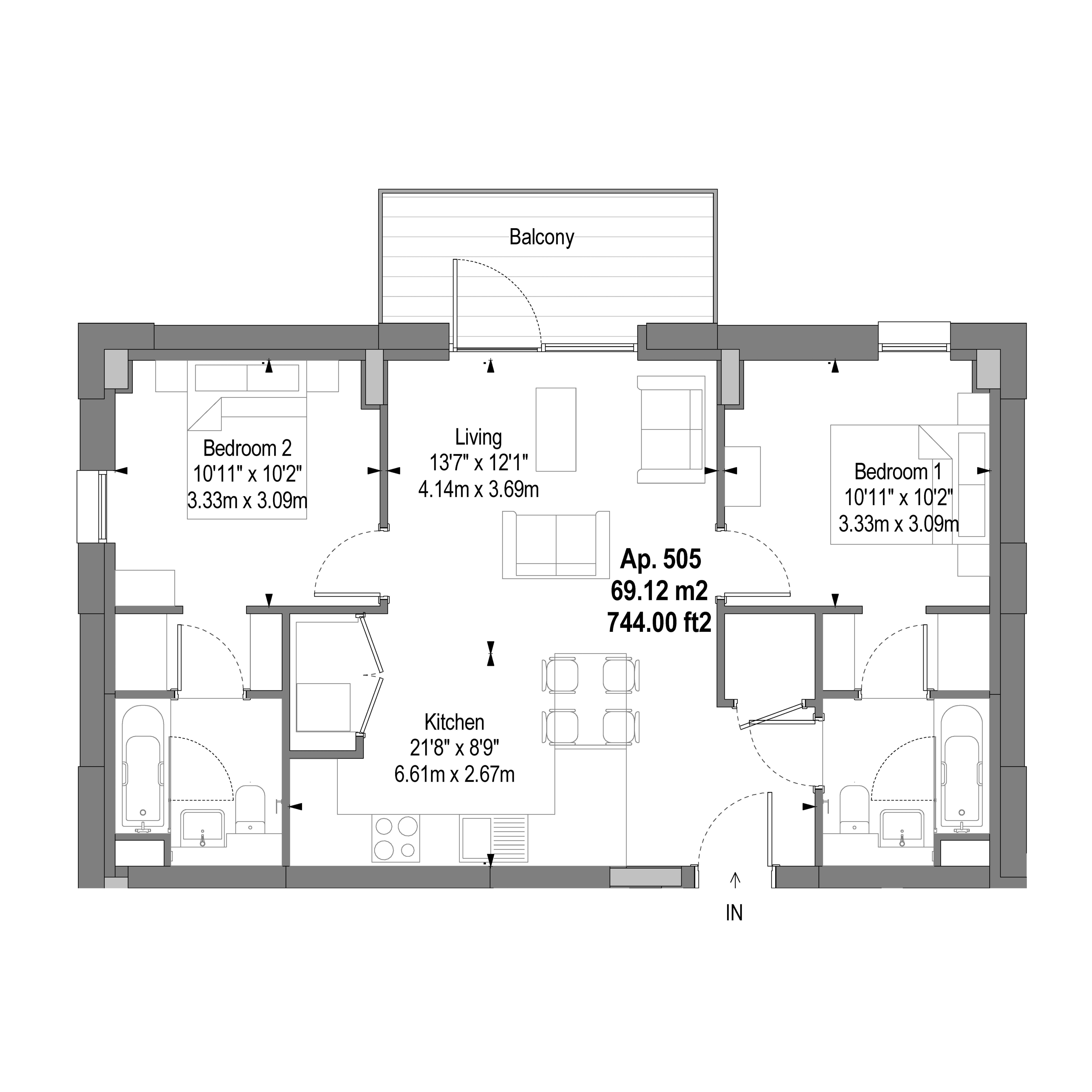 Modern floor plan of Apartment 505 featuring 2 bedrooms, spacious living area, kitchen, and balcony, covering 69.12 m2 or 744.00 ft2.