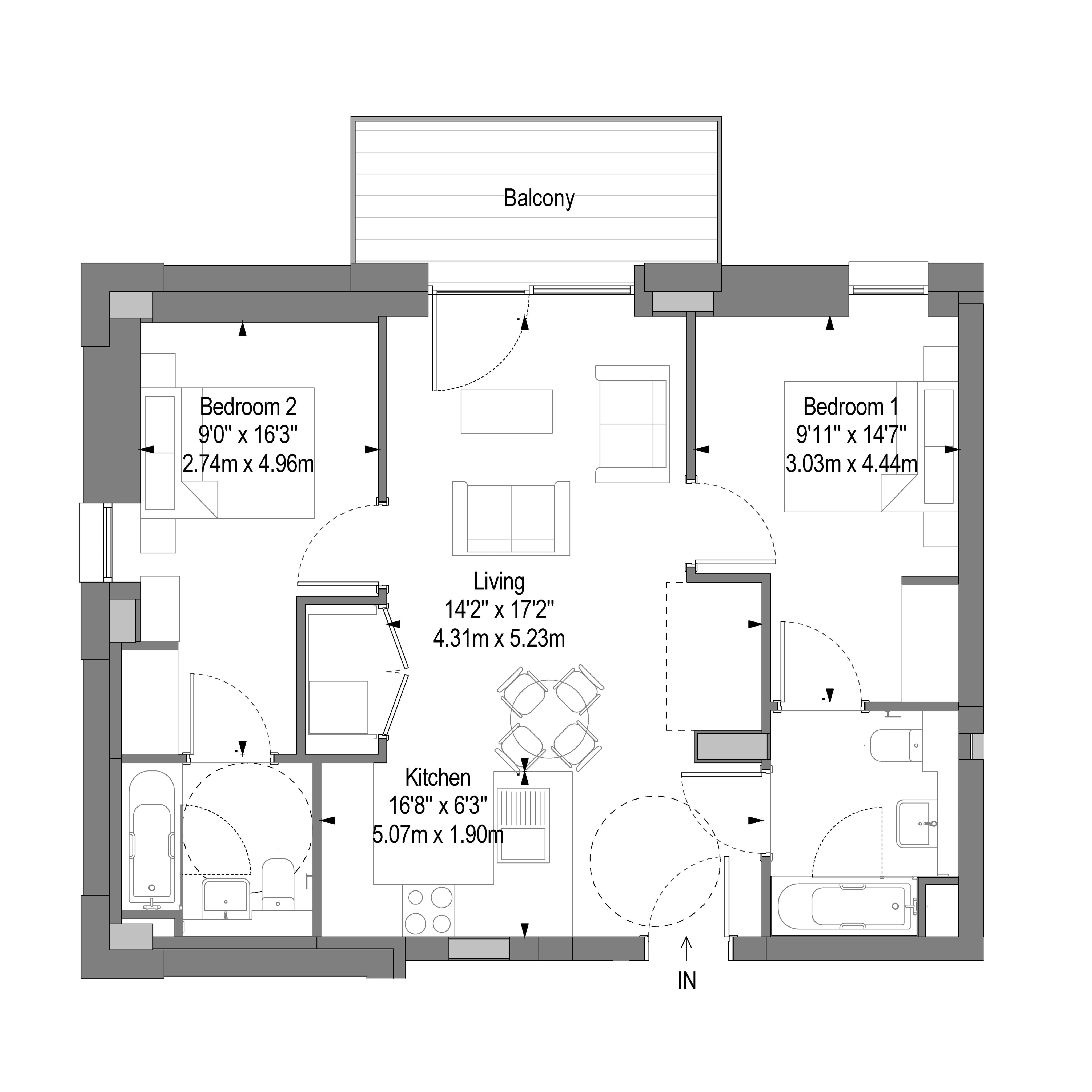 Modern floor plan showcasing 2 spacious bedrooms, an expansive living area, efficient kitchen, and balcony access for premium comfort and style.