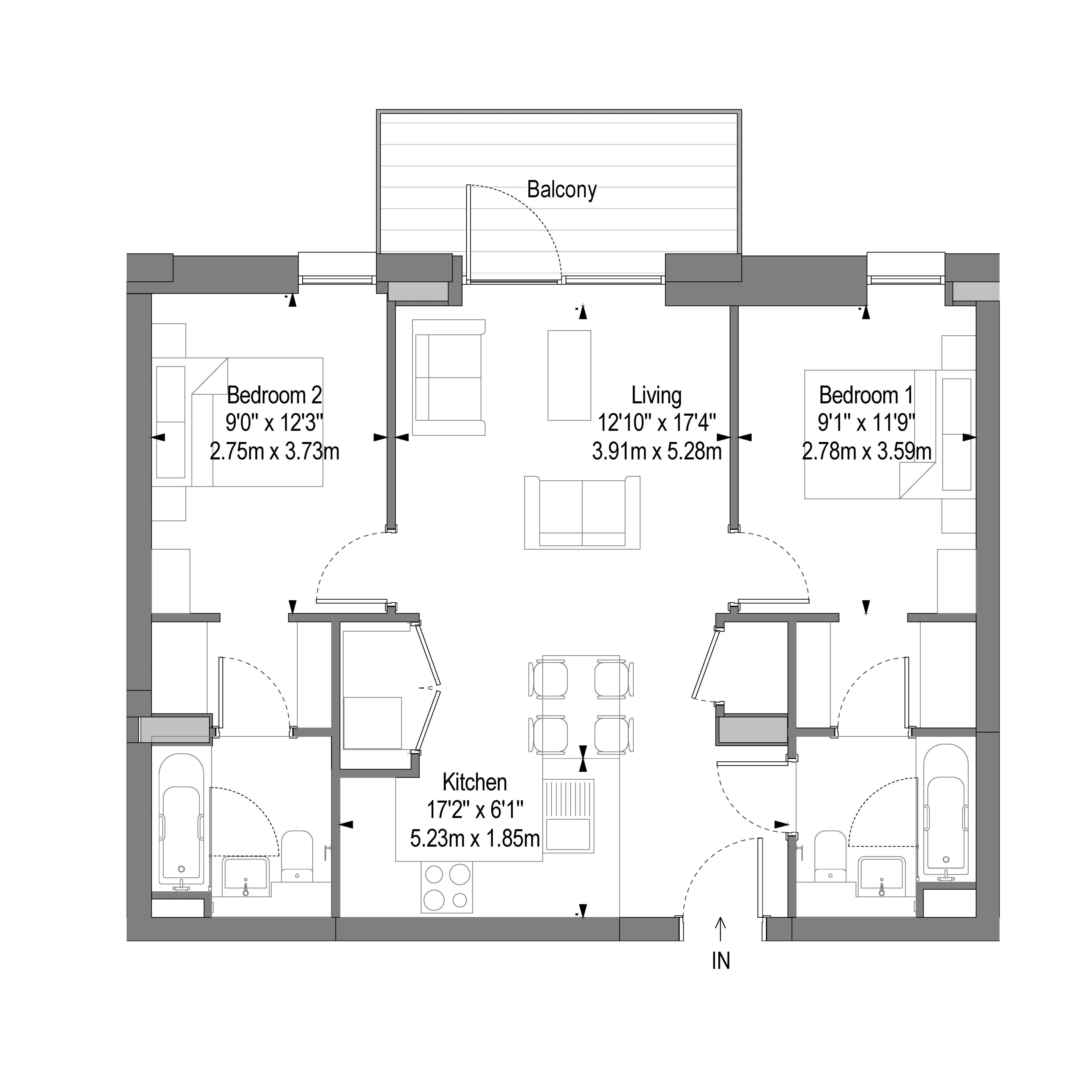 Chic apartment floor plan featuring 2 bedrooms, a spacious living area, modern kitchen, and a balcony for outdoor relaxation.