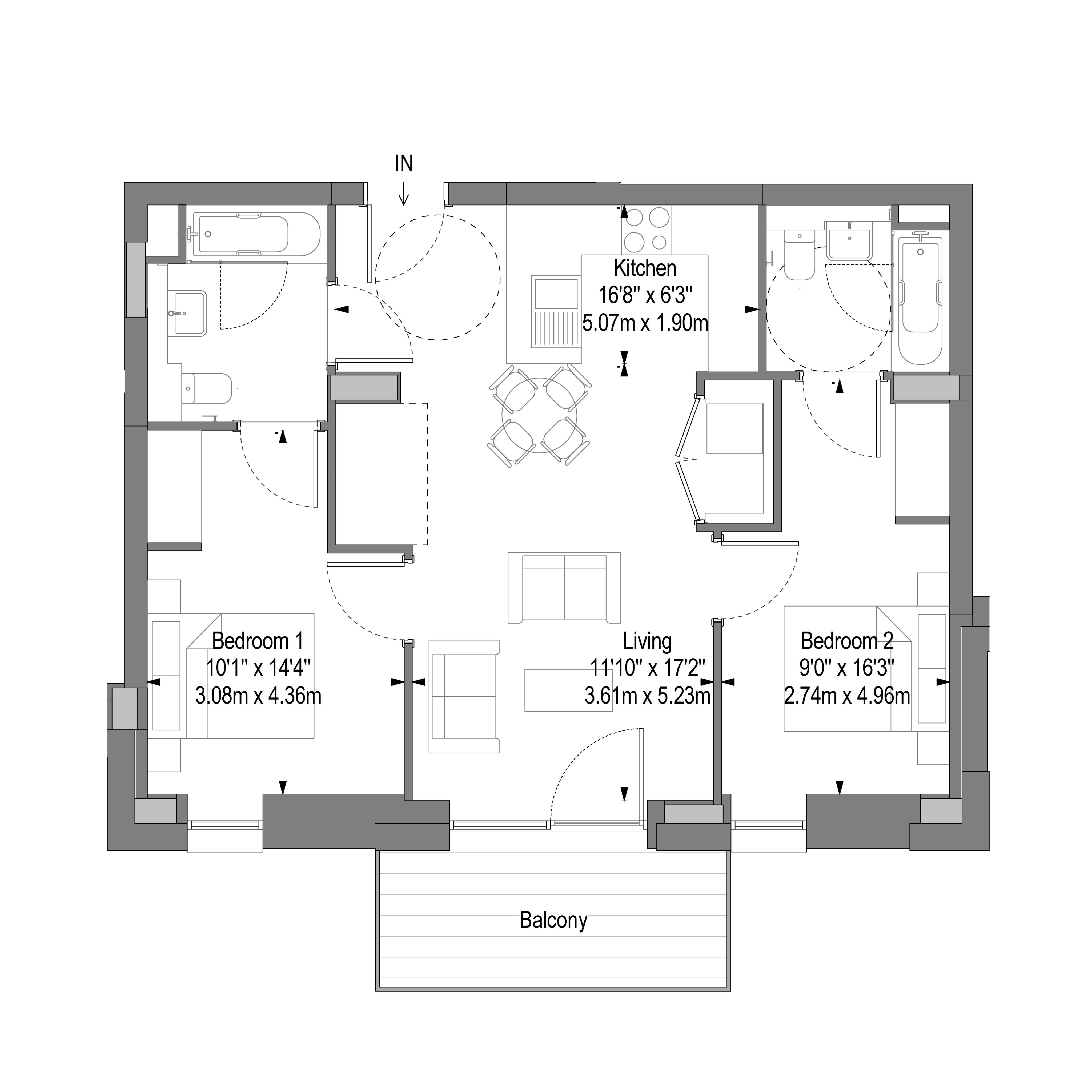 Modern floor plan featuring two spacious bedrooms, a well-lit living area, a cozy kitchen, and a relaxing balcony.
