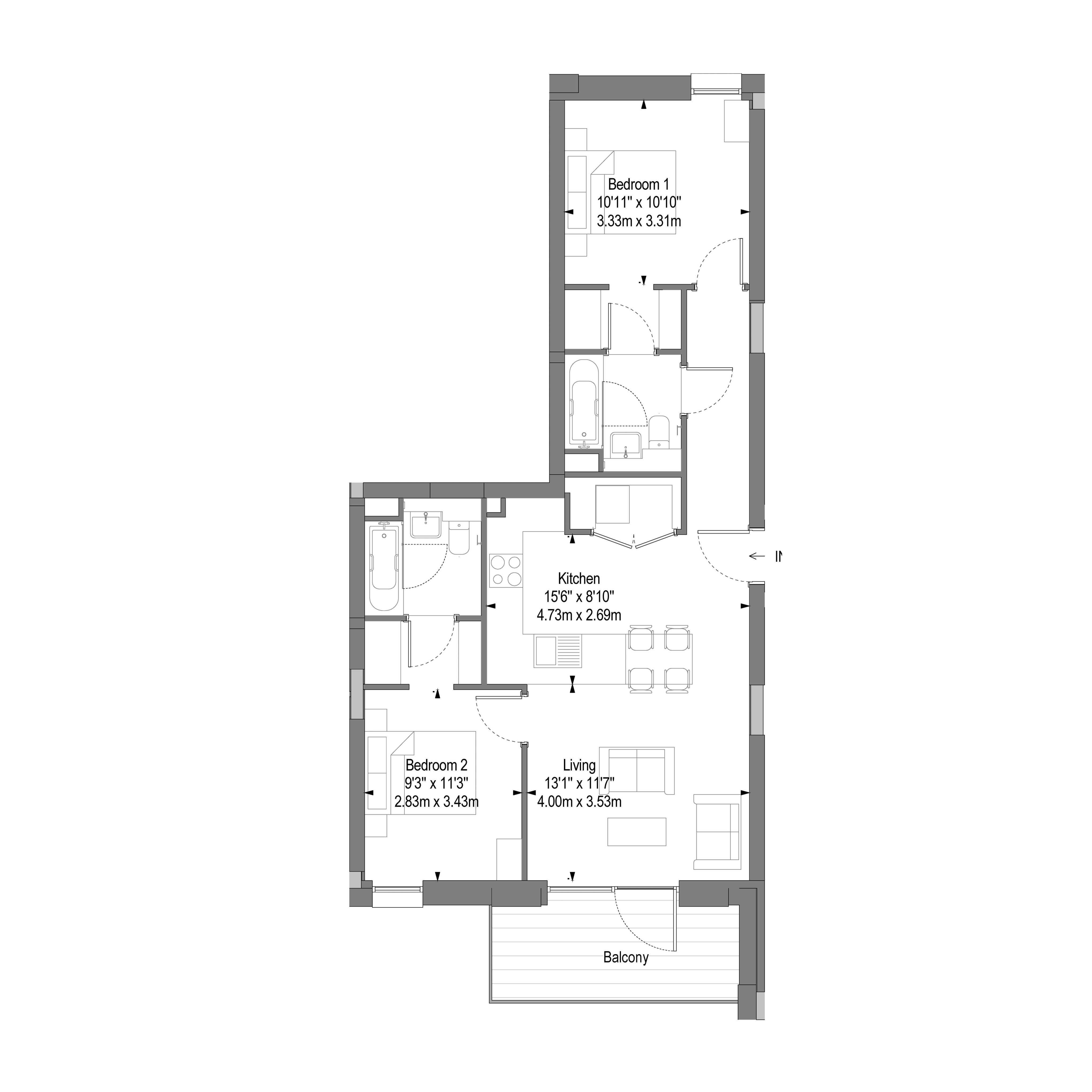 Modern floor plan showcasing 2 spacious bedrooms, open kitchen, inviting living area, and a serene balcony.
