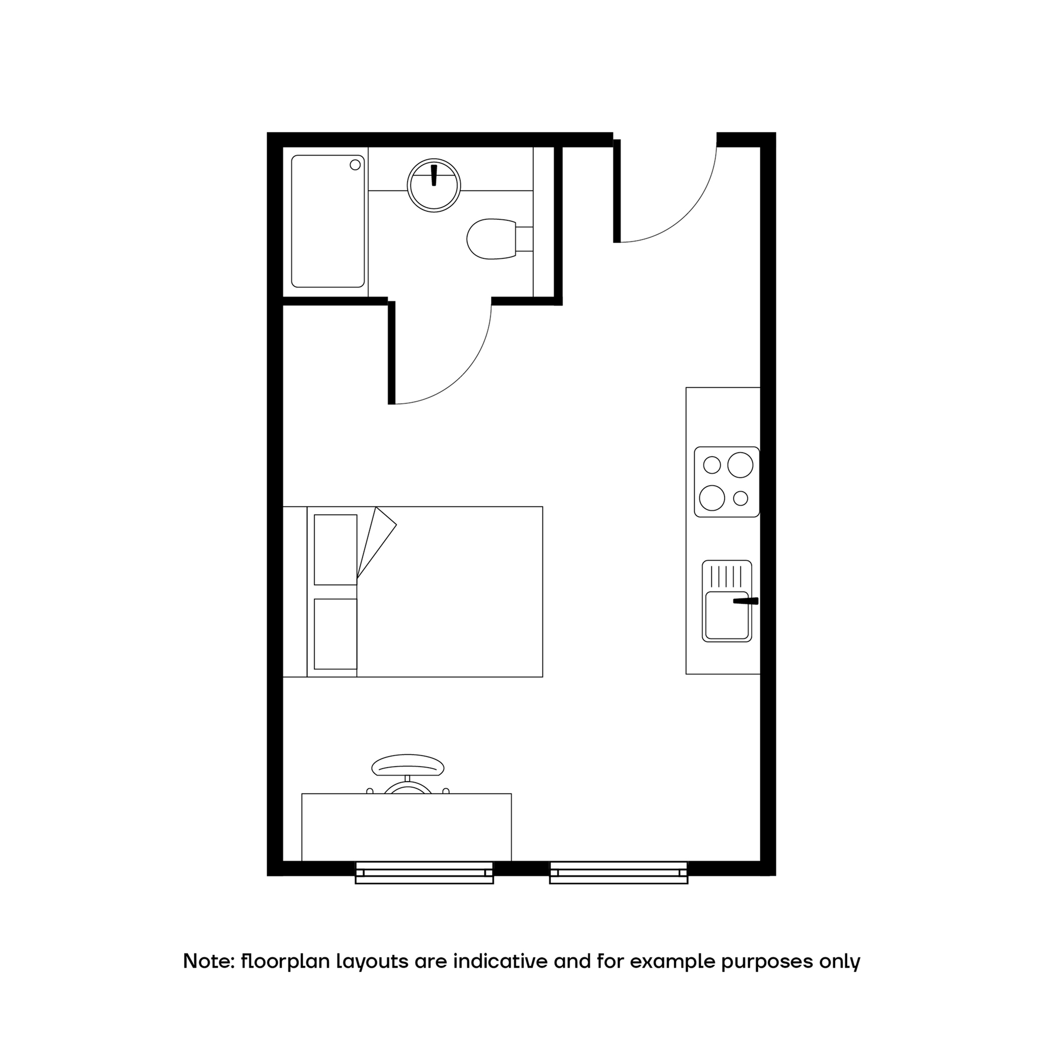 Chic studio apartment floor plan with a cozy bedroom, compact kitchen, and modern bathroom layout.