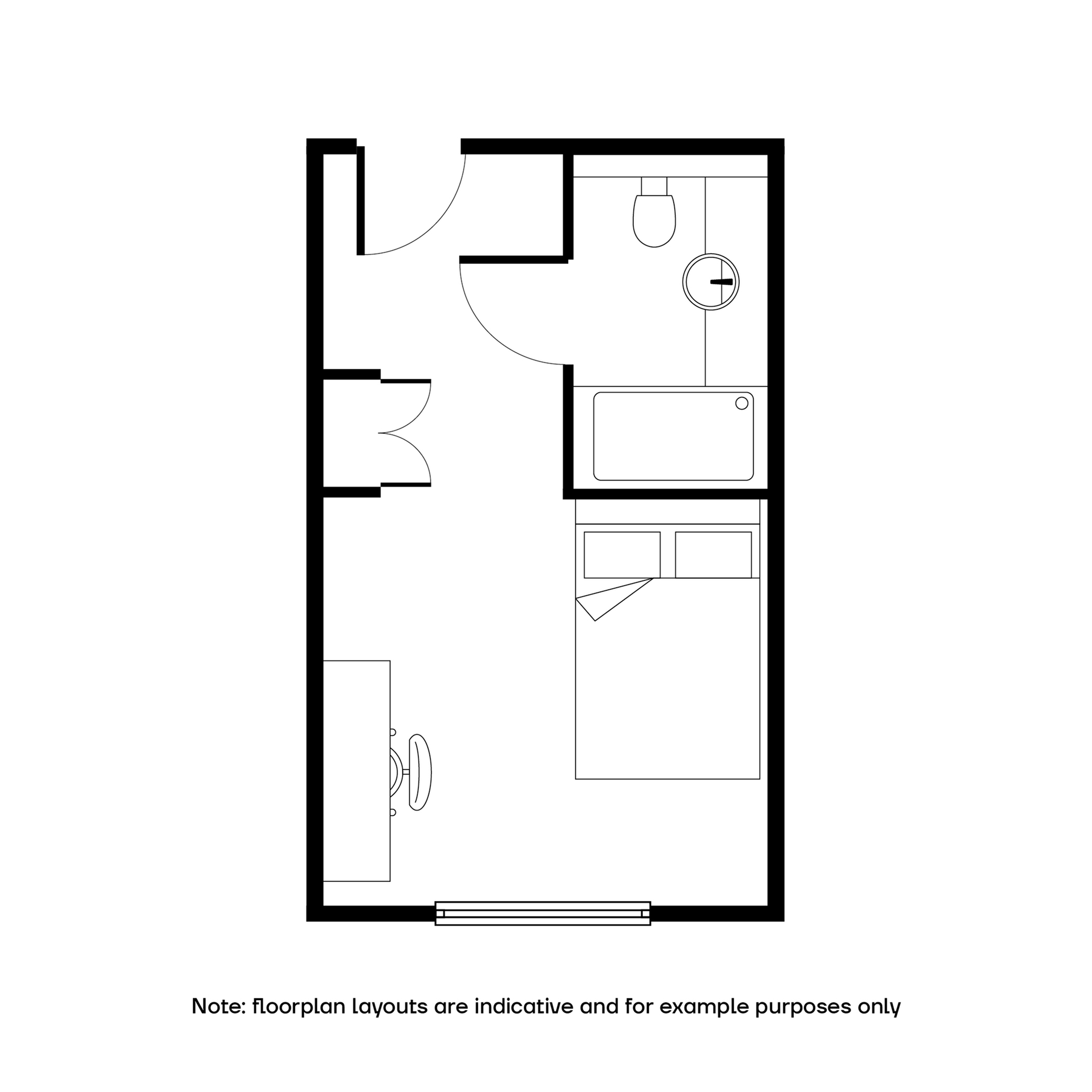 Efficient studio apartment floor plan featuring a cozy bedroom, compact bathroom, and dedicated workspace.