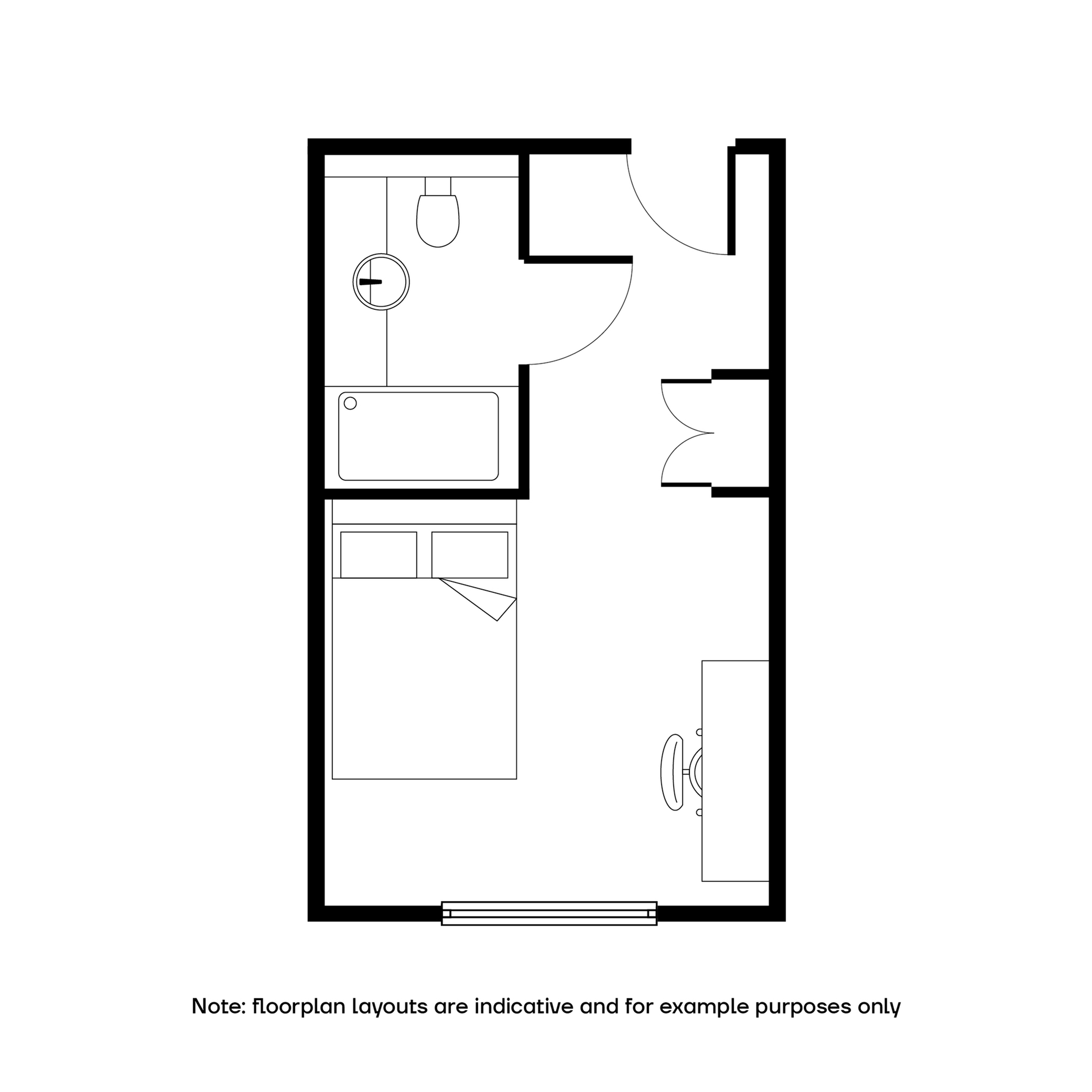 Modern studio apartment floor plan with an open bedroom, compact bath, and functional living space.