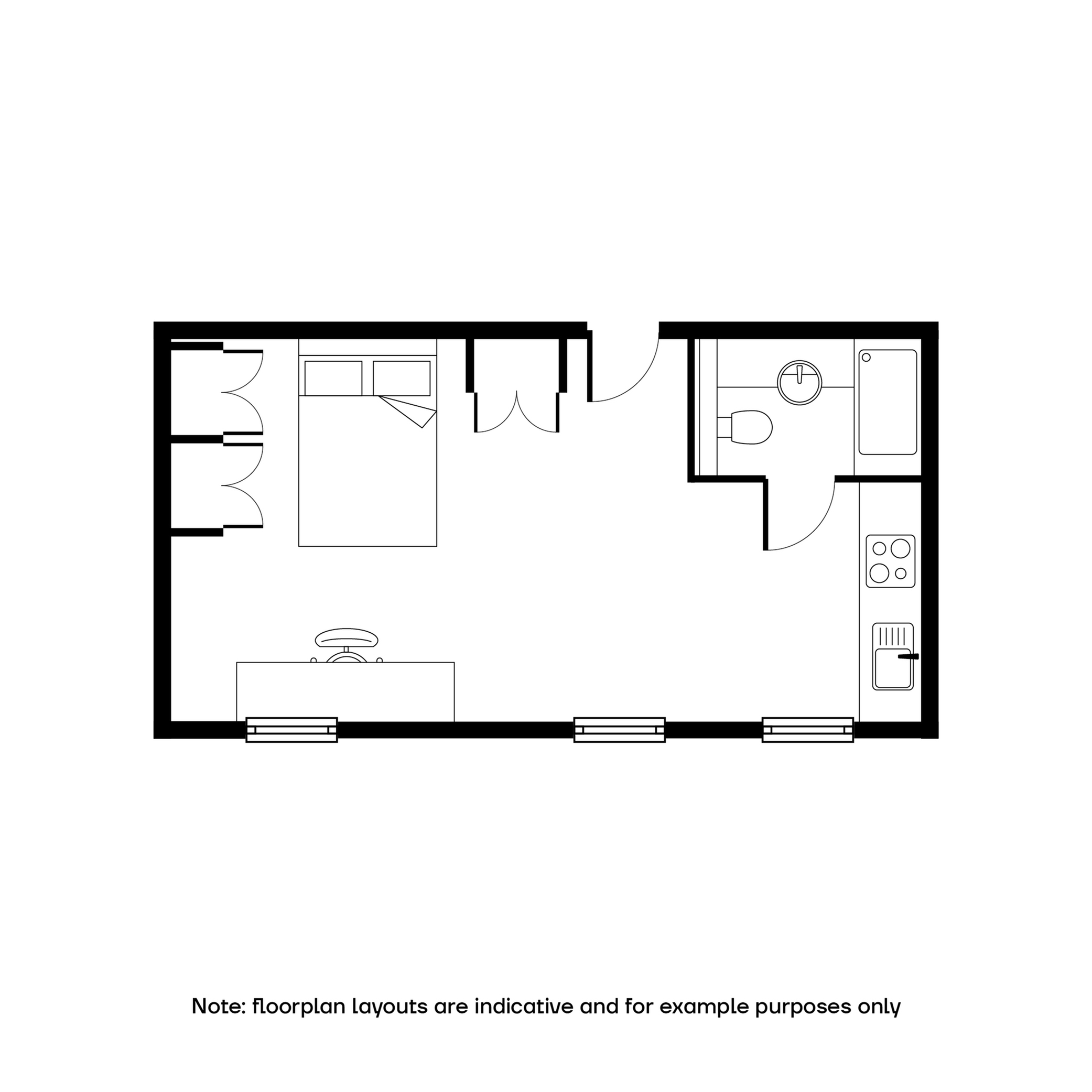 Elegant apartment floor plan showcasing a spacious studio layout with a bedroom, modern kitchenette, and stylish bathroom.