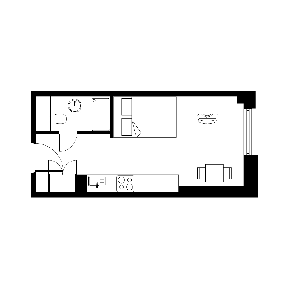 Elegant studio apartment floor plan with open kitchen, cozy living space, and modern bathroom layout.