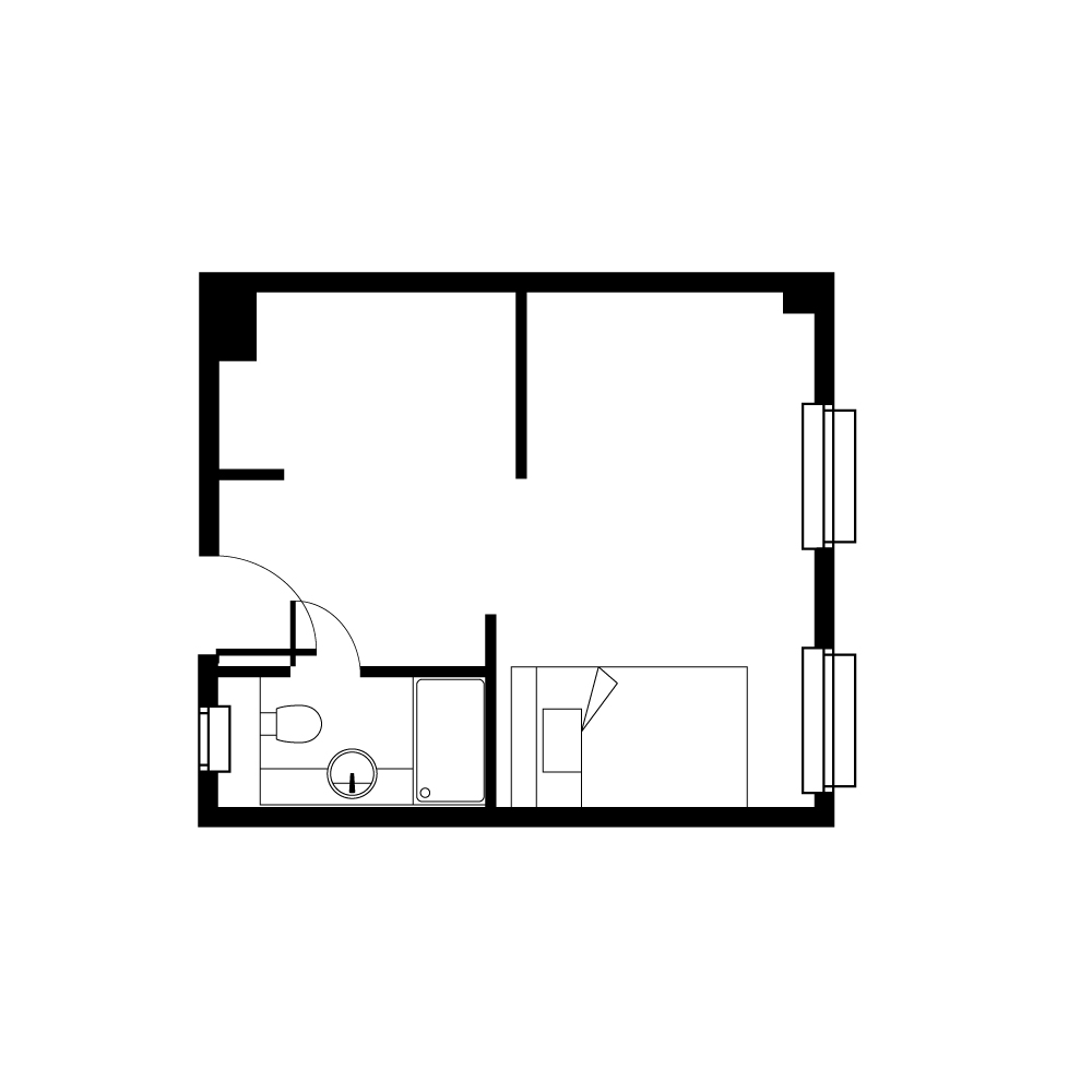 Cozy 1-bedroom floor plan with a compact bathroom and ample space for personalization.