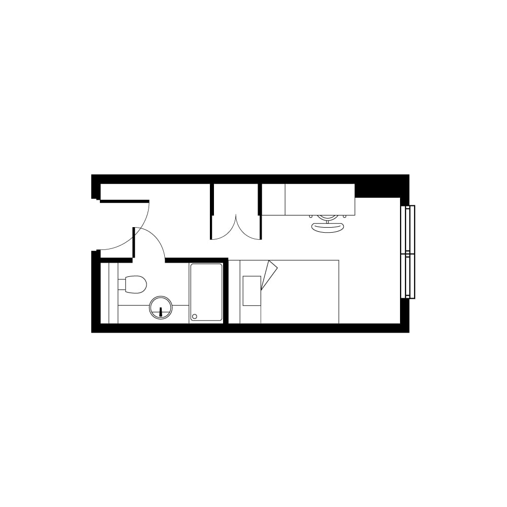 Compact and modern studio floor plan featuring a cozy bedroom, efficient kitchen, and bathroom layout.