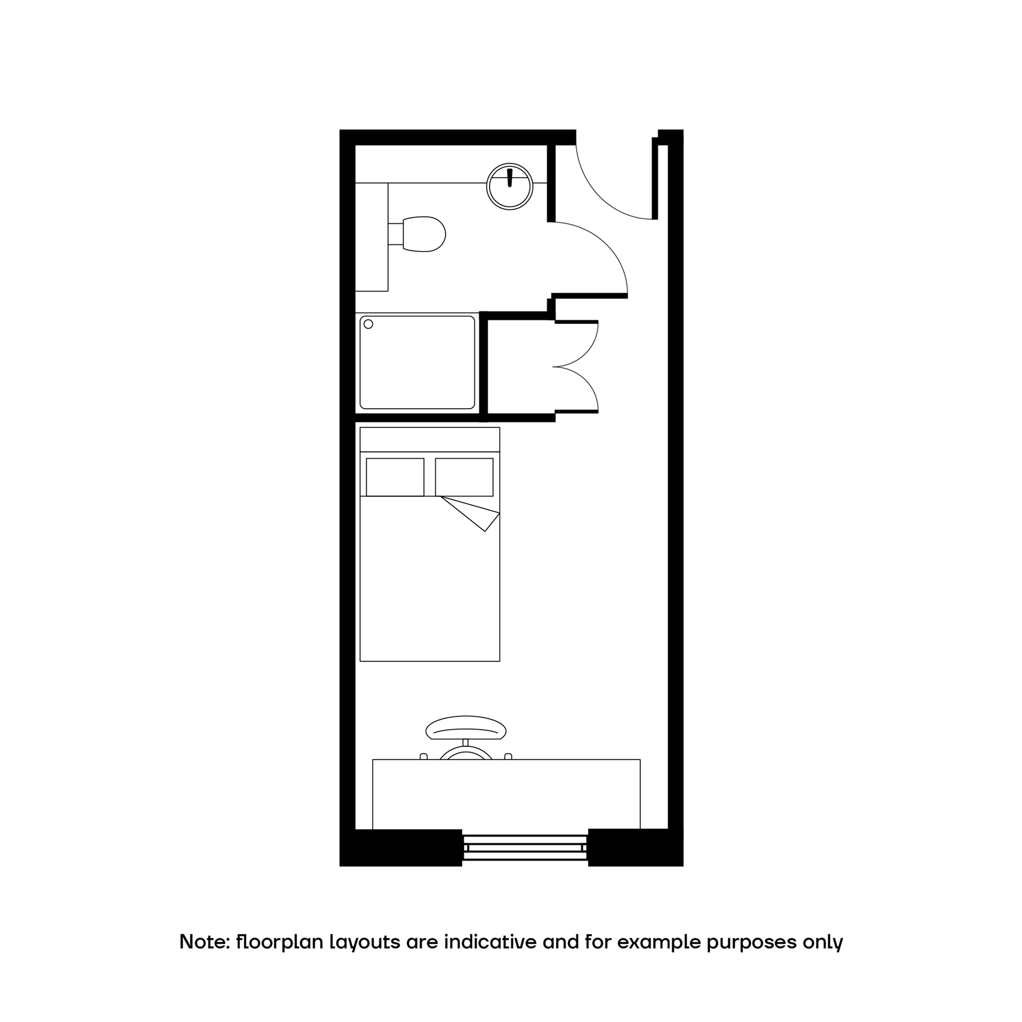 Modern floor plan showcasing a cozy studio layout with an integrated bathroom and sleeping area.