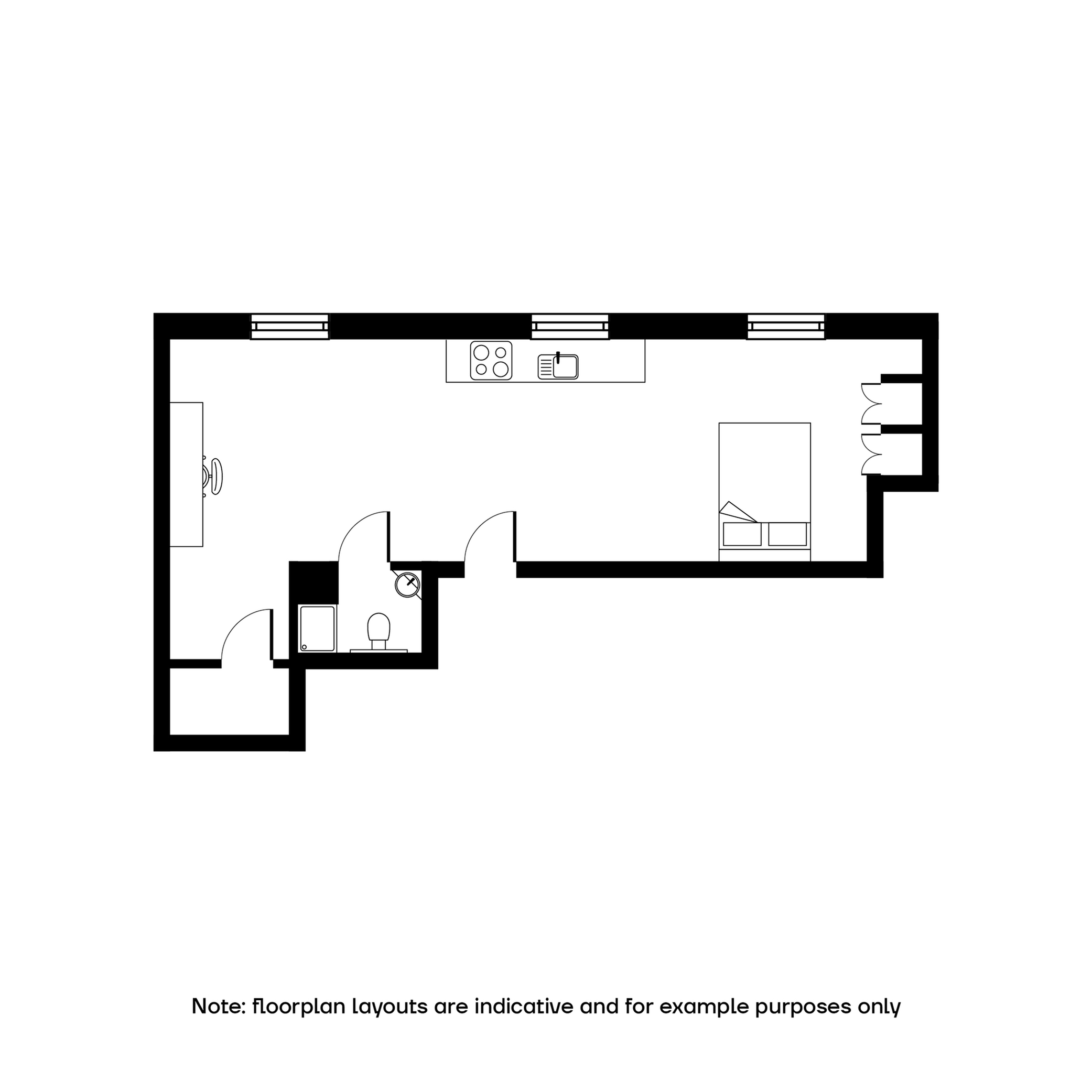 Efficient apartment floor plan featuring a cozy bedroom, well-appointed kitchen, and compact bathroom layout.
