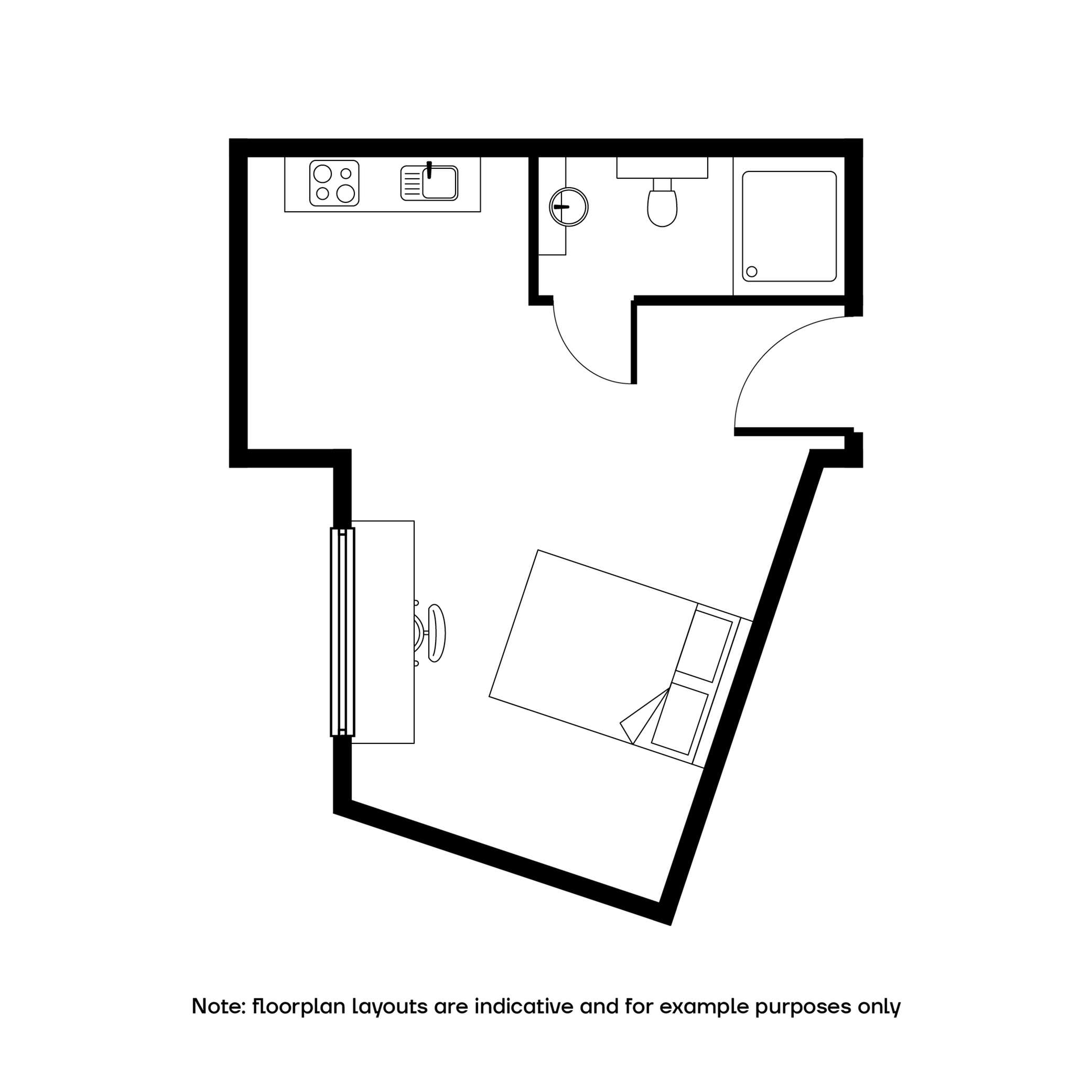 Cozy studio apartment floor plan featuring a combined sleeping and living area, compact kitchen, and convenient bathroom layout.