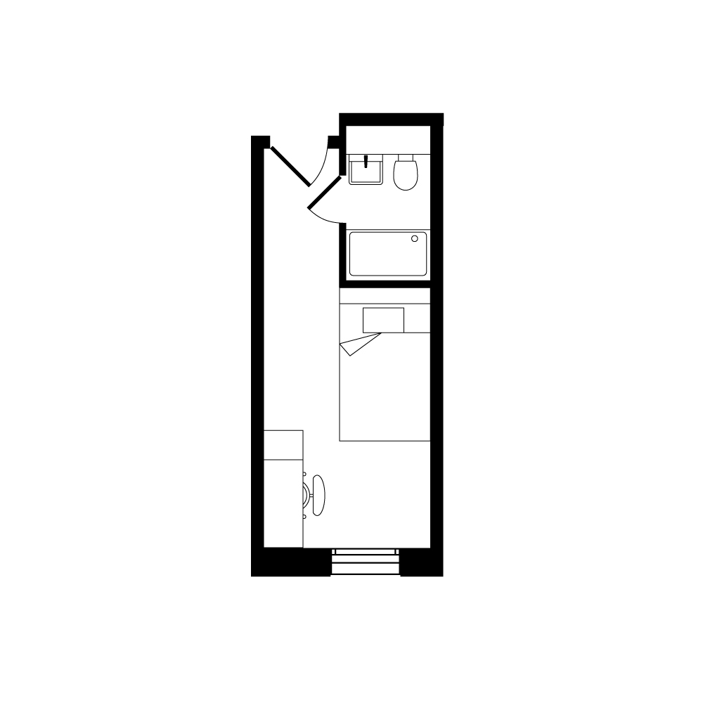 Sleek studio apartment floor plan showcasing a modern layout with integrated kitchenette and cozy bathroom.