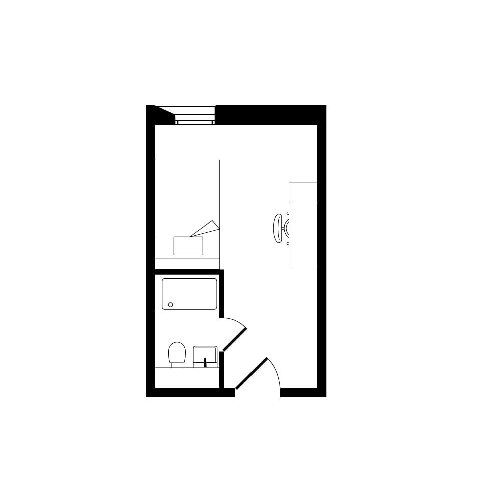 Efficient studio apartment floor plan featuring a cozy sleeping area, compact kitchen, and modern bathroom layout.