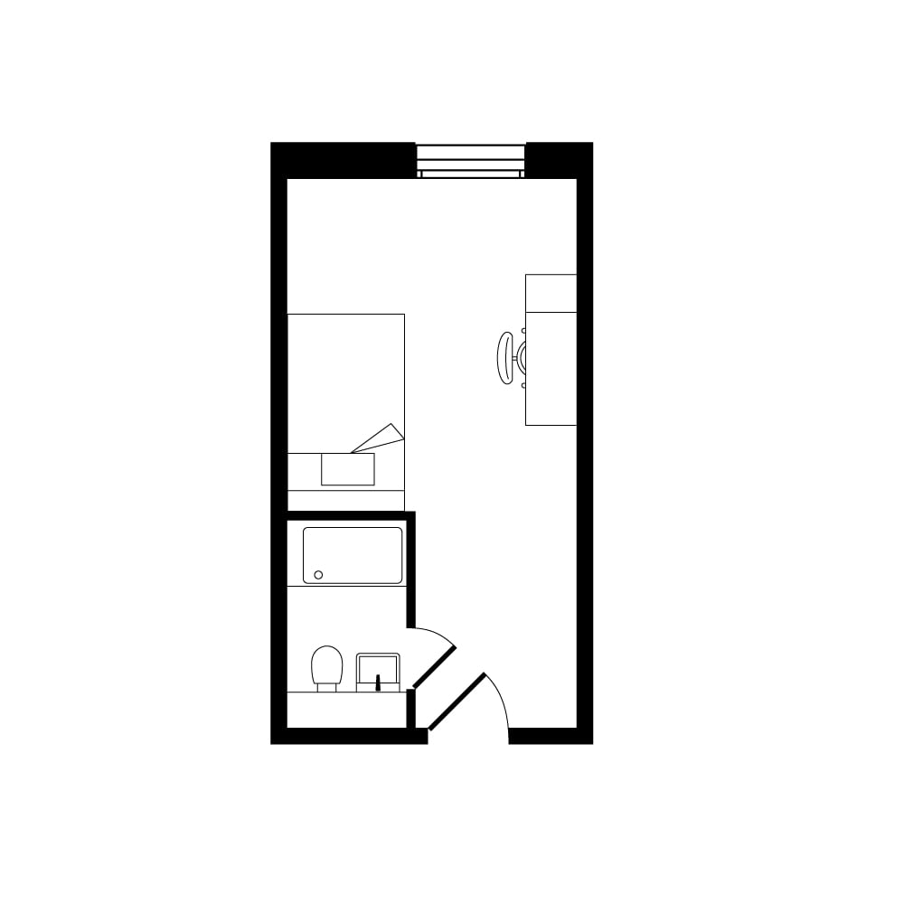 Compact and efficient studio apartment floor plan featuring a cozy living area, kitchenette, and modern bathroom.