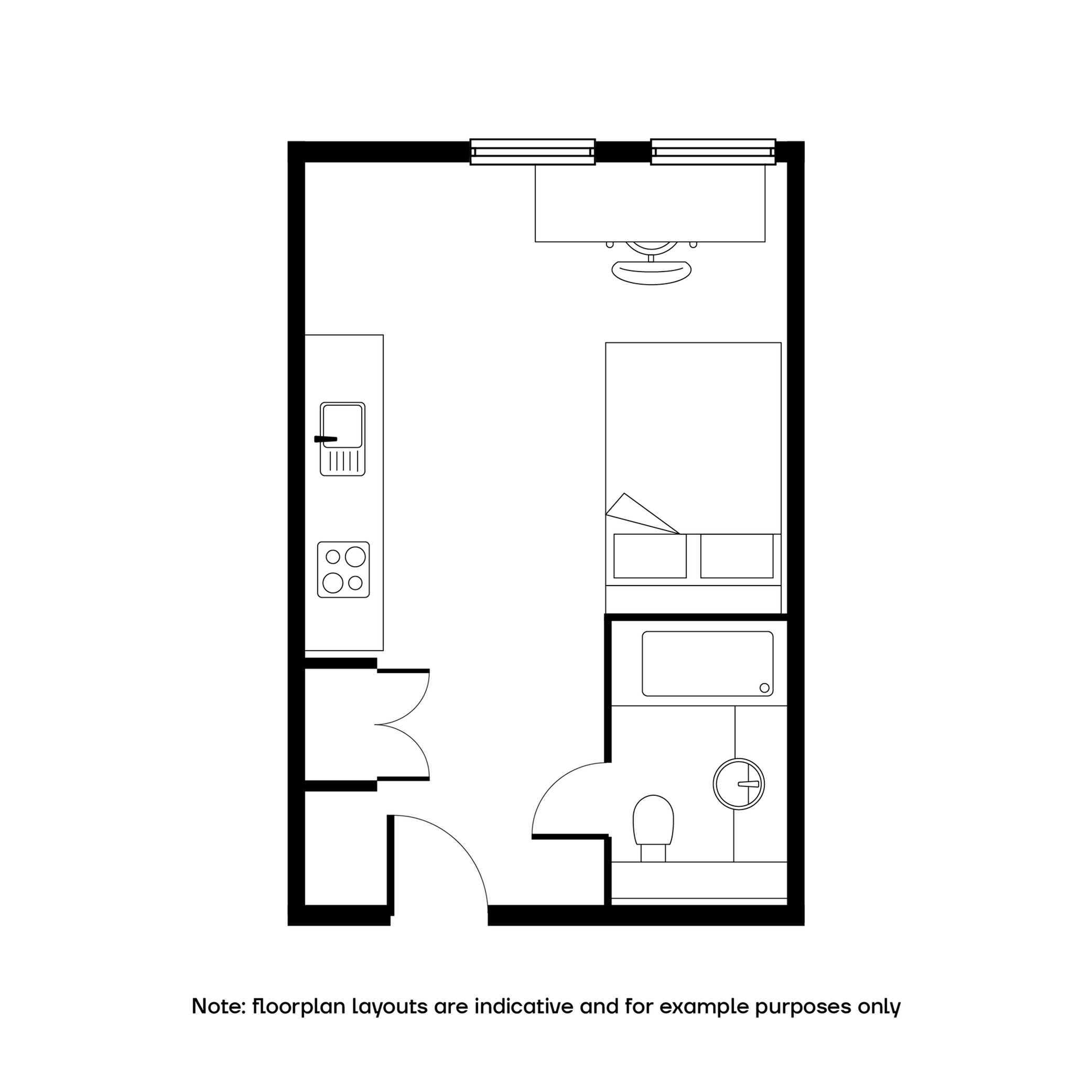 Efficient studio apartment floor plan featuring a modern kitchen, cozy sleeping area, and a well-appointed bathroom. Perfect for city living.