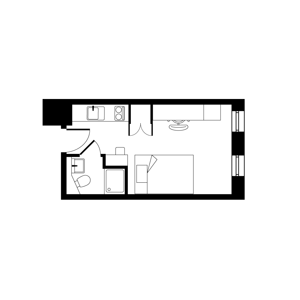 Compact studio apartment floor plan featuring a cozy bedroom, modern kitchen, and efficient bathroom layout.