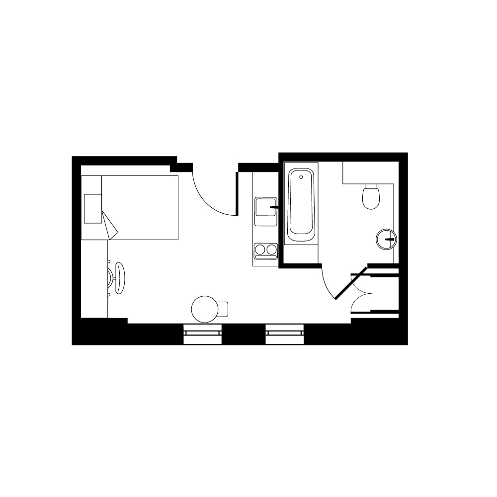 Efficient apartment floor plan with cozy bedroom, well-organized living area, and modern bathroom.