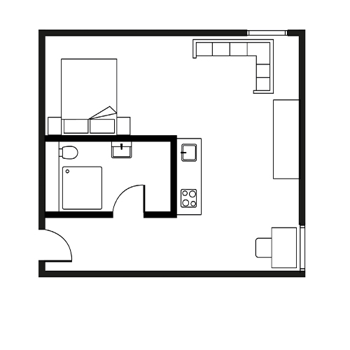 Modern studio apartment floor plan with a spacious living area, cozy bedroom, and sleek kitchenette design.