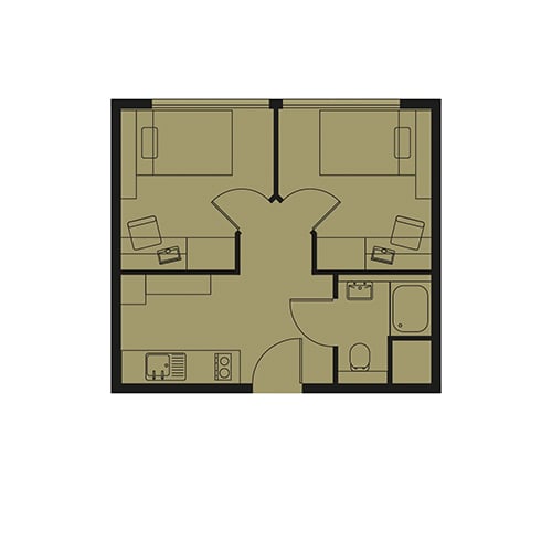 Compact floor plan illustrating two cozy bedrooms, a modern kitchen, and a well-appointed bathroom, optimized for efficient urban living.