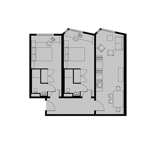 Modern floor plan with two spacious bedrooms, an open kitchen, and a cozy living area, designed for comfortable living.